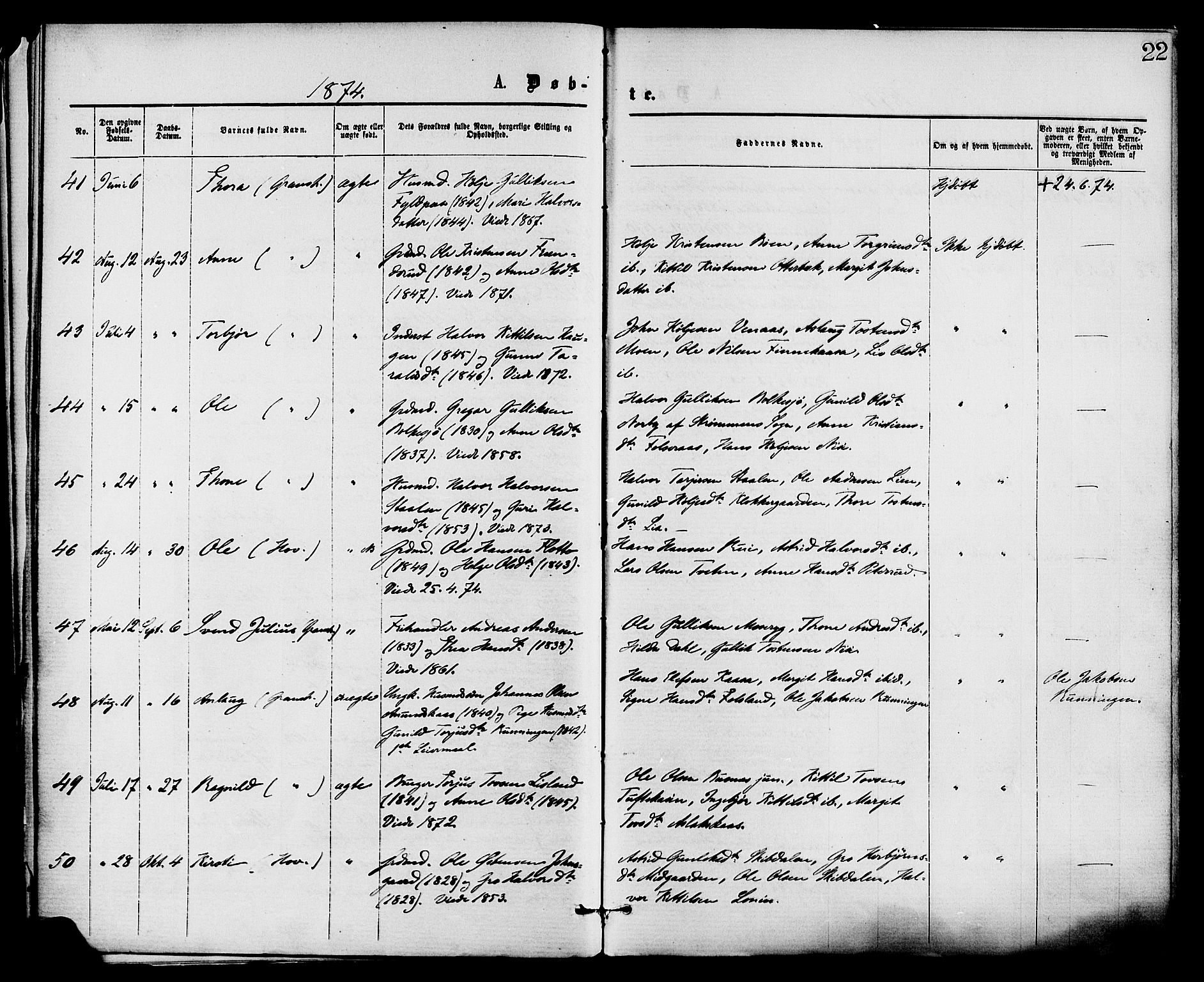 Gransherad kirkebøker, SAKO/A-267/F/Fa/L0004: Parish register (official) no. I 4, 1871-1886, p. 22