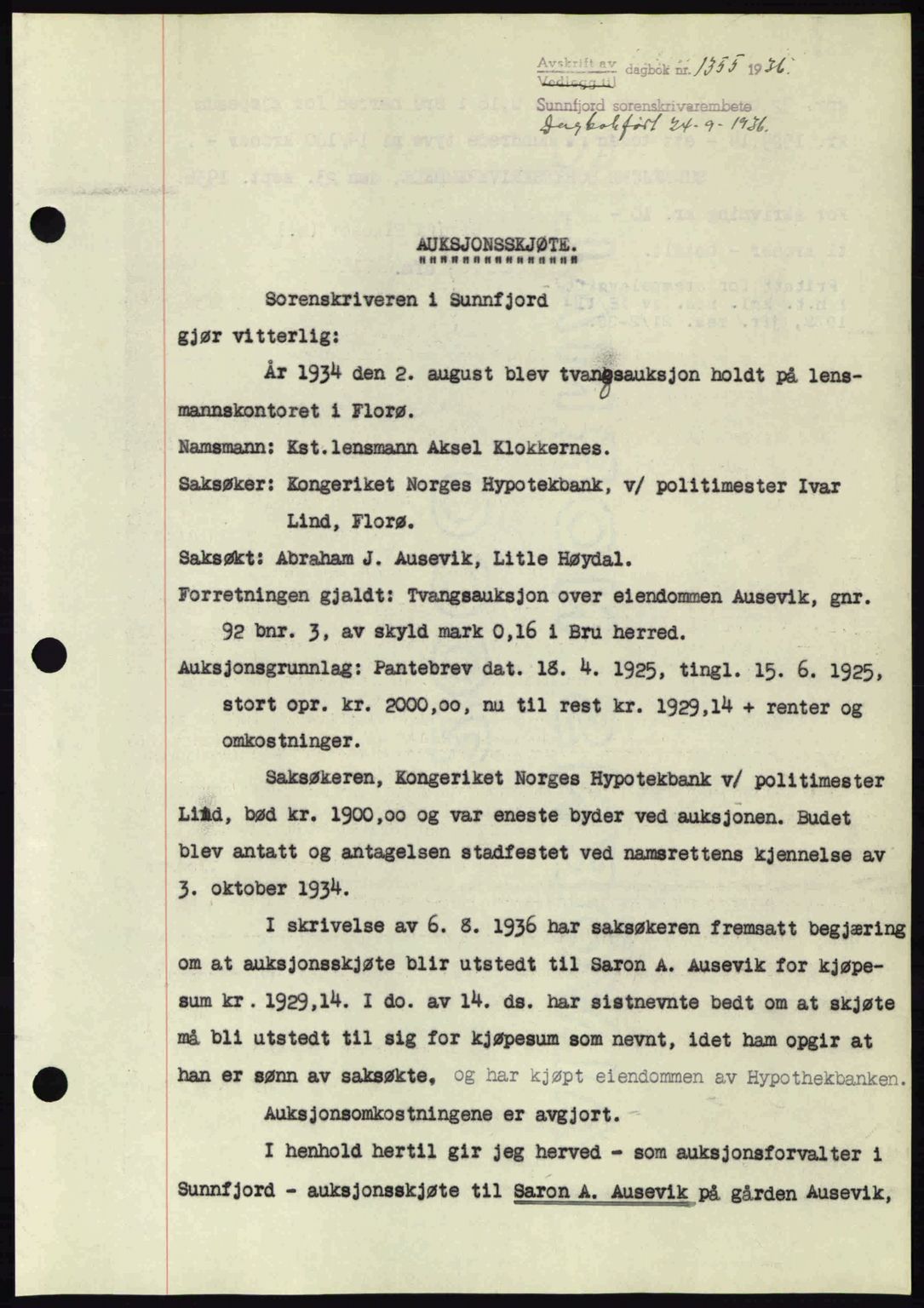 Sunnfjord tingrett, SAB/A-3201/1/G/Gb/Gbb/L0001: Mortgage book no. A1, 1936-1937, Diary no: : 1355/1936