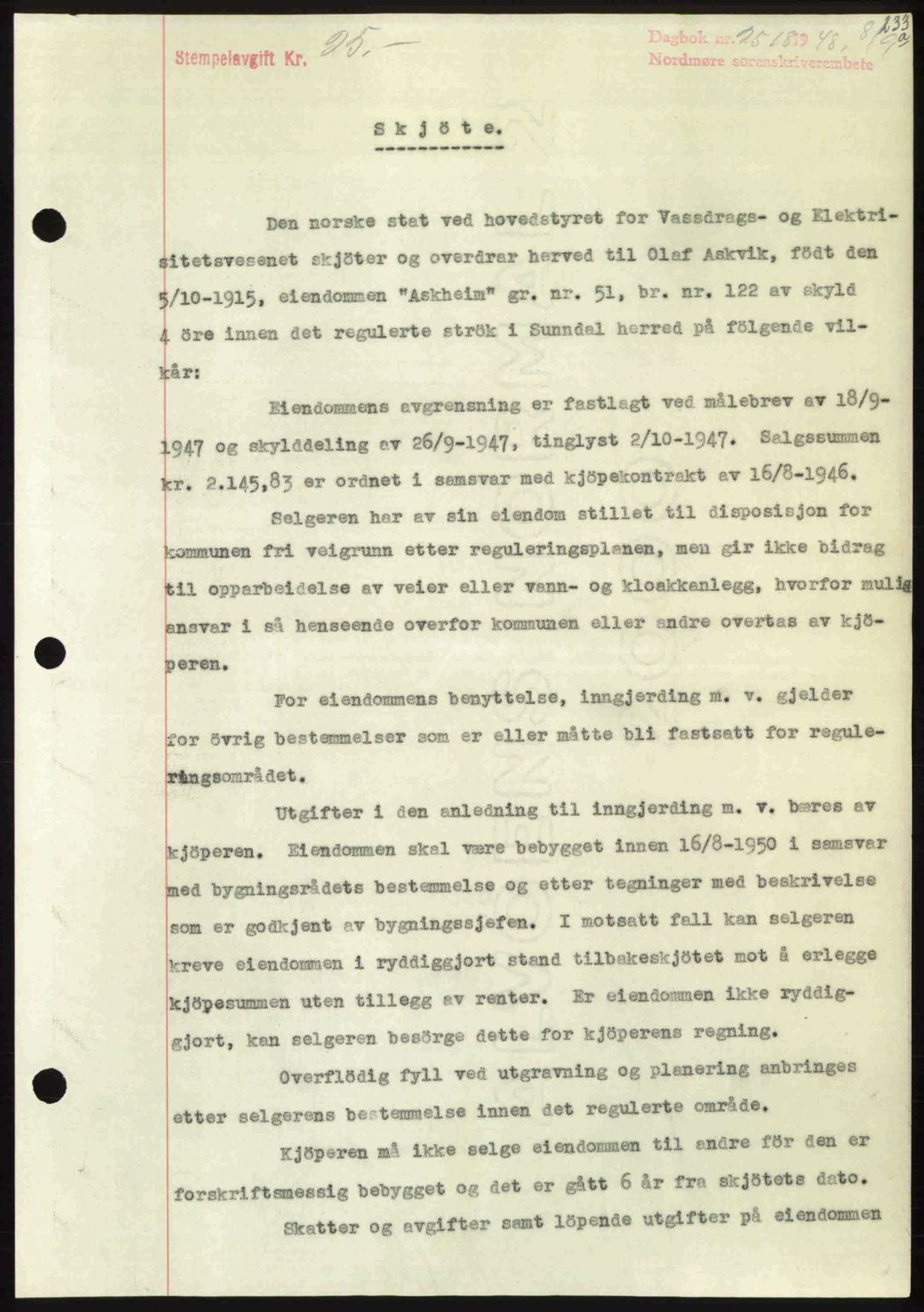 Nordmøre sorenskriveri, AV/SAT-A-4132/1/2/2Ca: Mortgage book no. A109, 1948-1948, Diary no: : 2518/1948