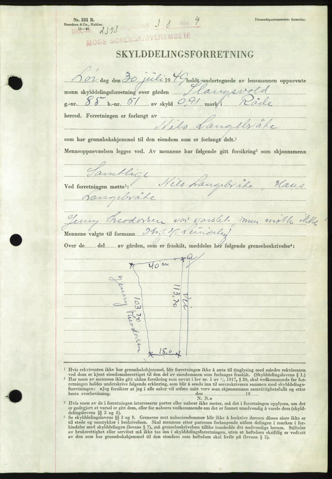 Moss sorenskriveri, AV/SAO-A-10168: Mortgage book no. A23, 1949-1949, Diary no: : 2393/1949