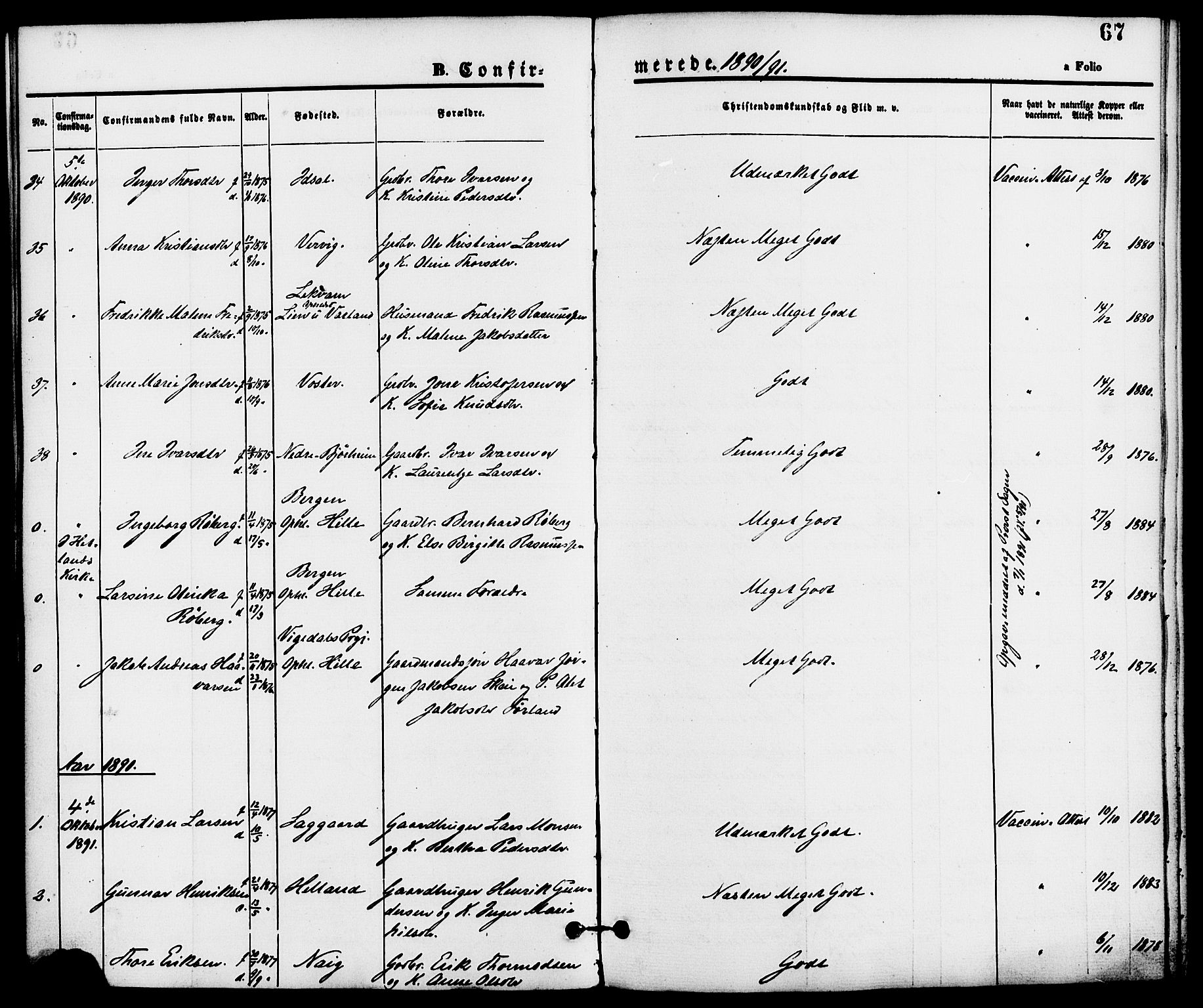 Strand sokneprestkontor, SAST/A-101828/H/Ha/Haa/L0008: Parish register (official) no. A 8, 1874-1907, p. 67