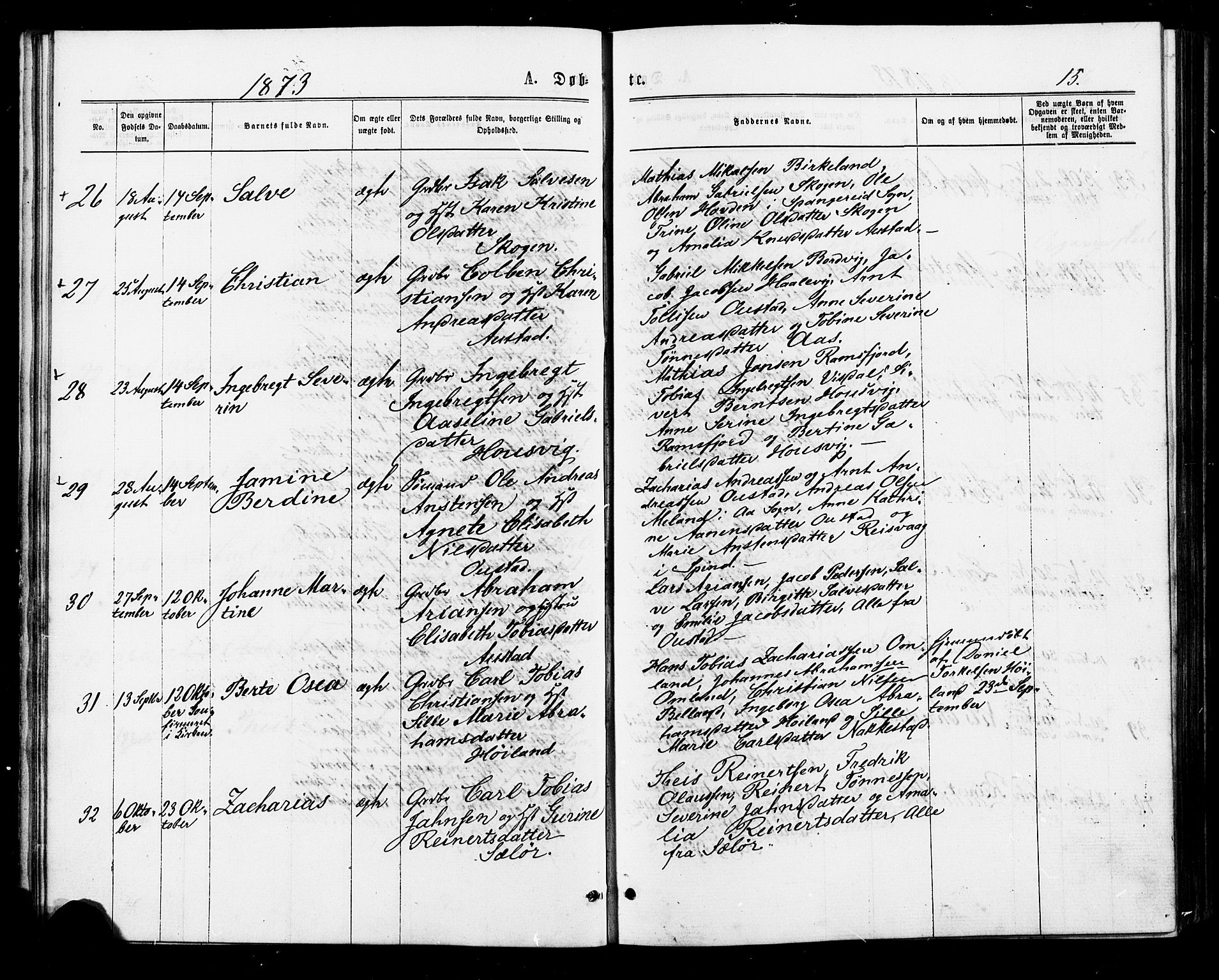 Lyngdal sokneprestkontor, AV/SAK-1111-0029/F/Fa/Faa/L0003: Parish register (official) no. A 3, 1871-1882, p. 15