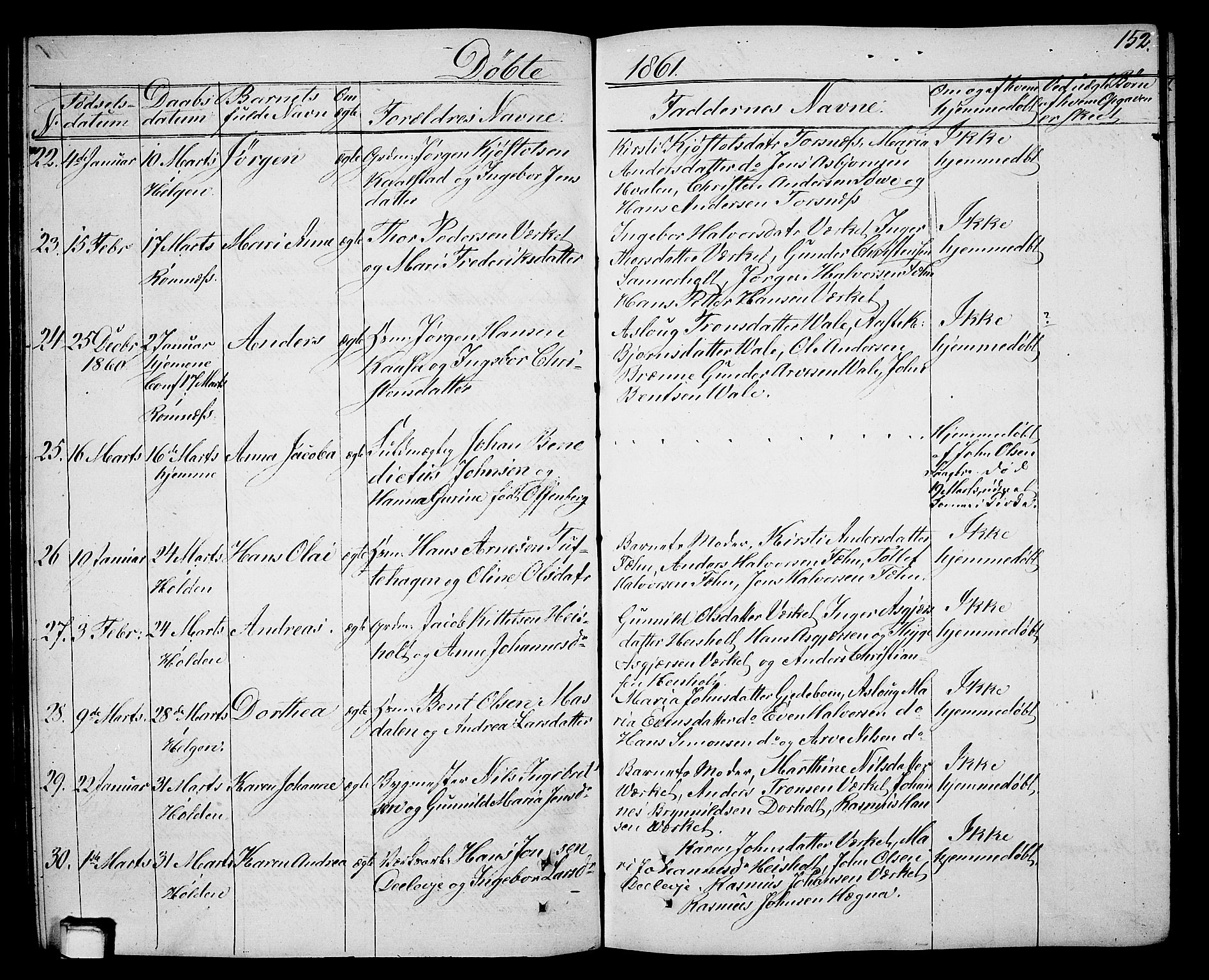 Holla kirkebøker, AV/SAKO-A-272/G/Ga/L0003: Parish register (copy) no. I 3, 1849-1866, p. 152