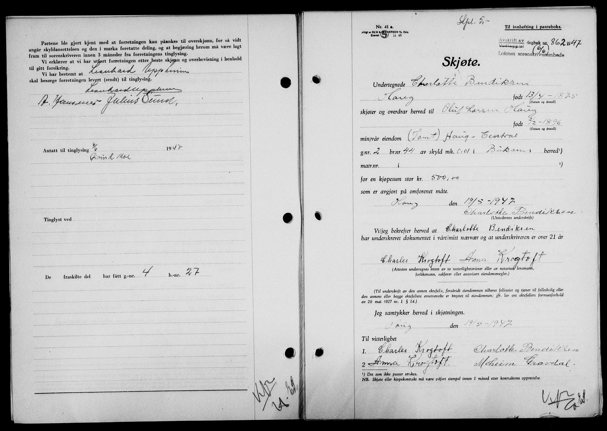 Lofoten sorenskriveri, SAT/A-0017/1/2/2C/L0016a: Mortgage book no. 16a, 1947-1947, Diary no: : 862/1947