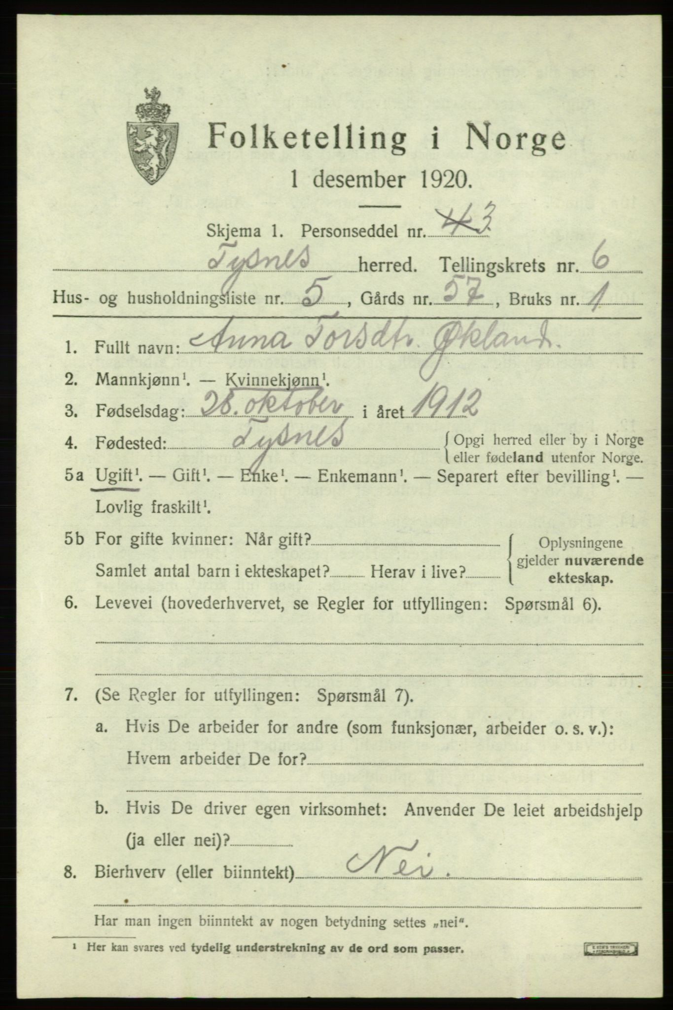 SAB, 1920 census for Tysnes, 1920, p. 4408