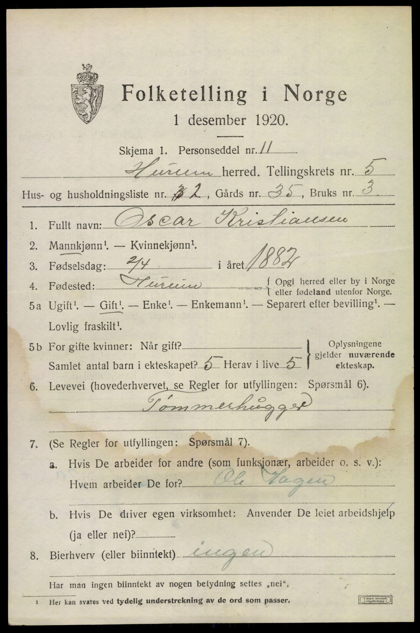 SAKO, 1920 census for Hurum, 1920, p. 6132