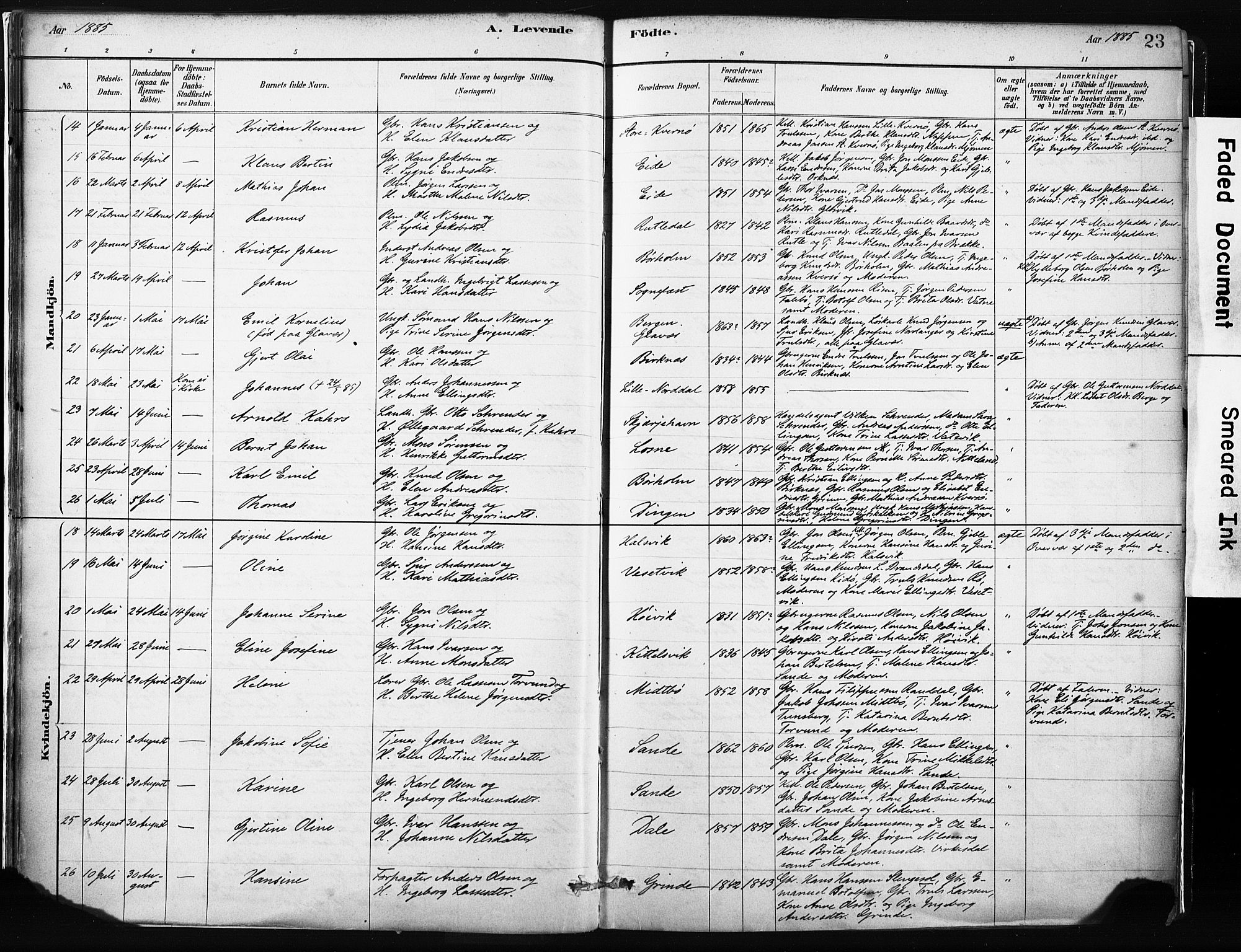 Gulen sokneprestembete, AV/SAB-A-80201/H/Haa/Haab/L0001: Parish register (official) no. B 1, 1881-1905, p. 23