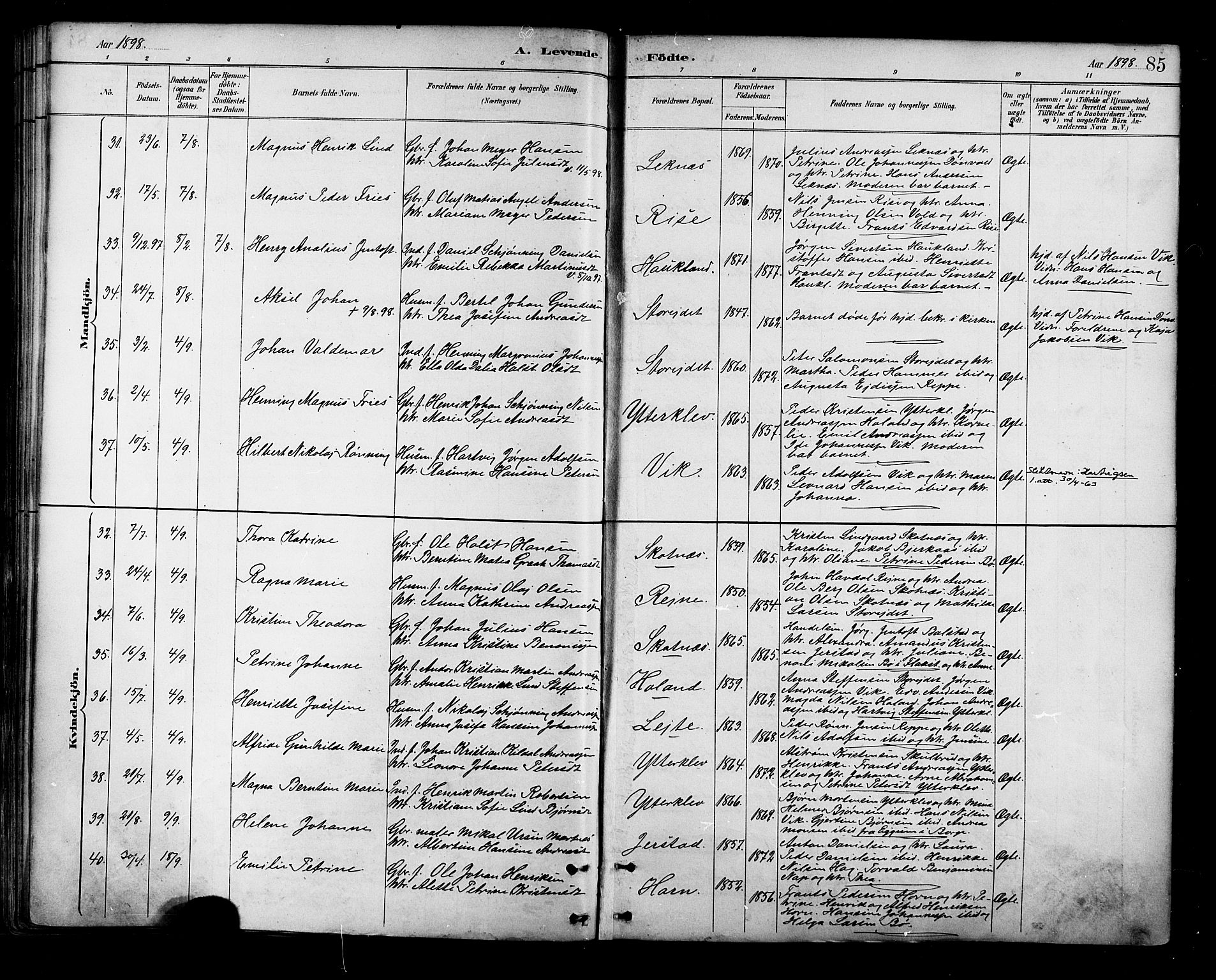 Ministerialprotokoller, klokkerbøker og fødselsregistre - Nordland, AV/SAT-A-1459/881/L1167: Parish register (copy) no. 881C04, 1886-1899, p. 85