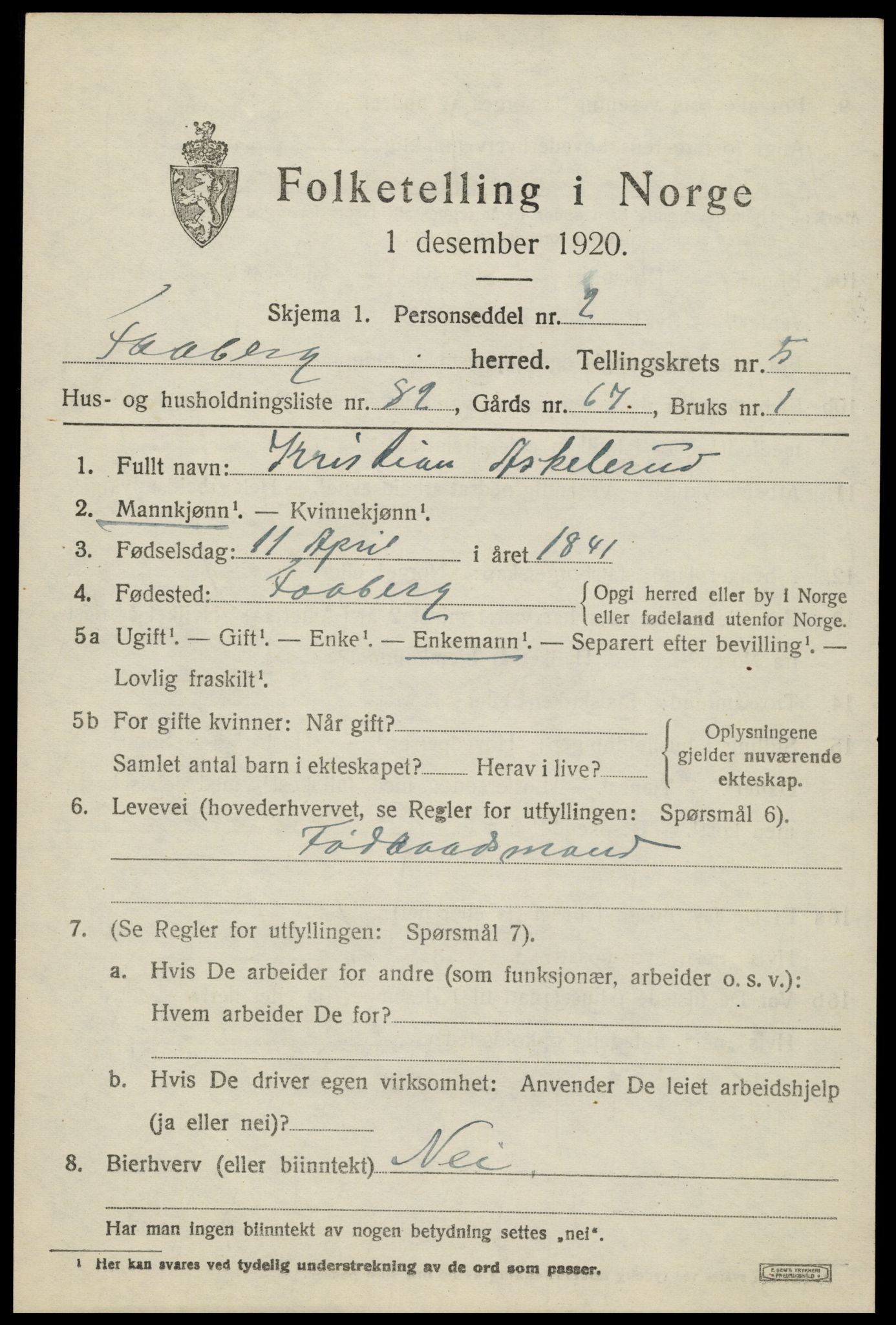 SAH, 1920 census for Fåberg, 1920, p. 7088