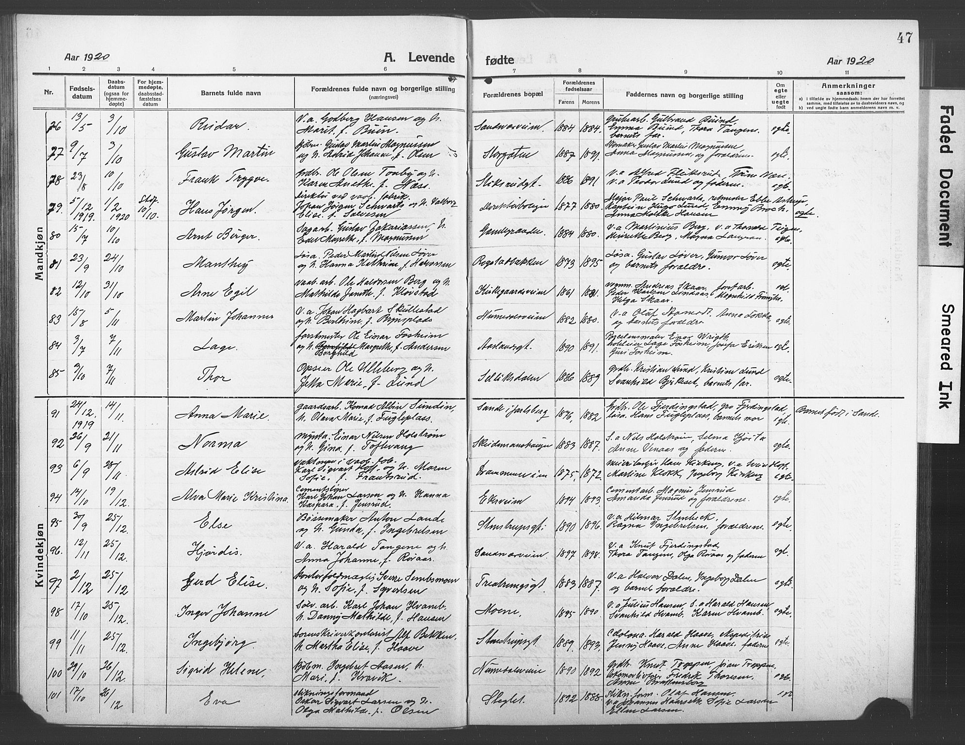 Kongsberg kirkebøker, AV/SAKO-A-22/G/Ga/L0008: Parish register (copy) no. 8, 1915-1932, p. 47