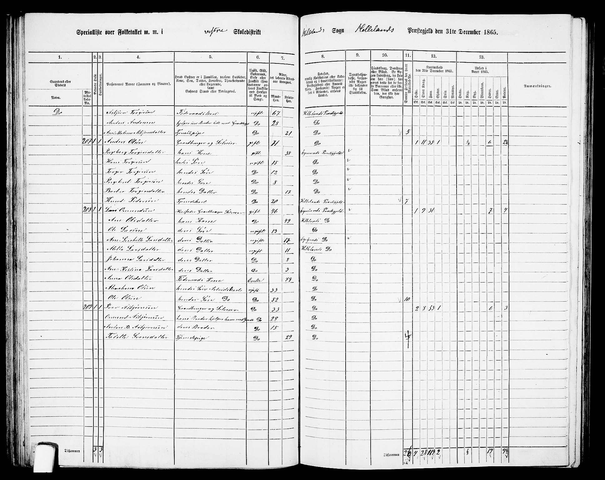 RA, 1865 census for Helleland, 1865, p. 61