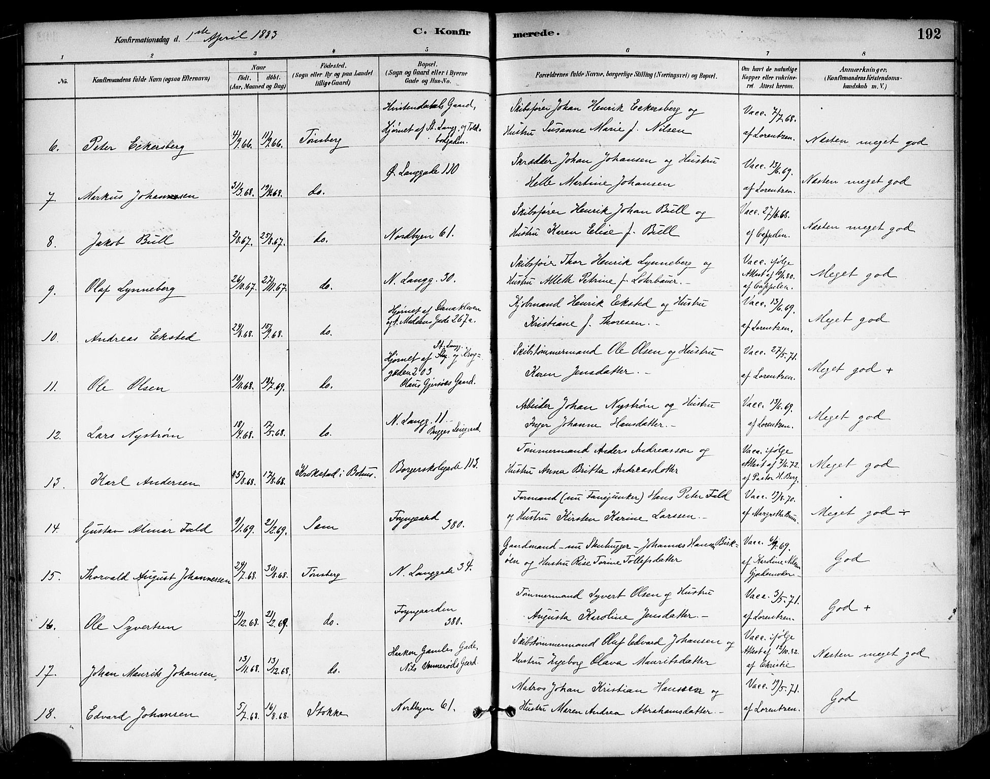 Tønsberg kirkebøker, SAKO/A-330/F/Fa/L0011: Parish register (official) no. I 11, 1881-1890, p. 192