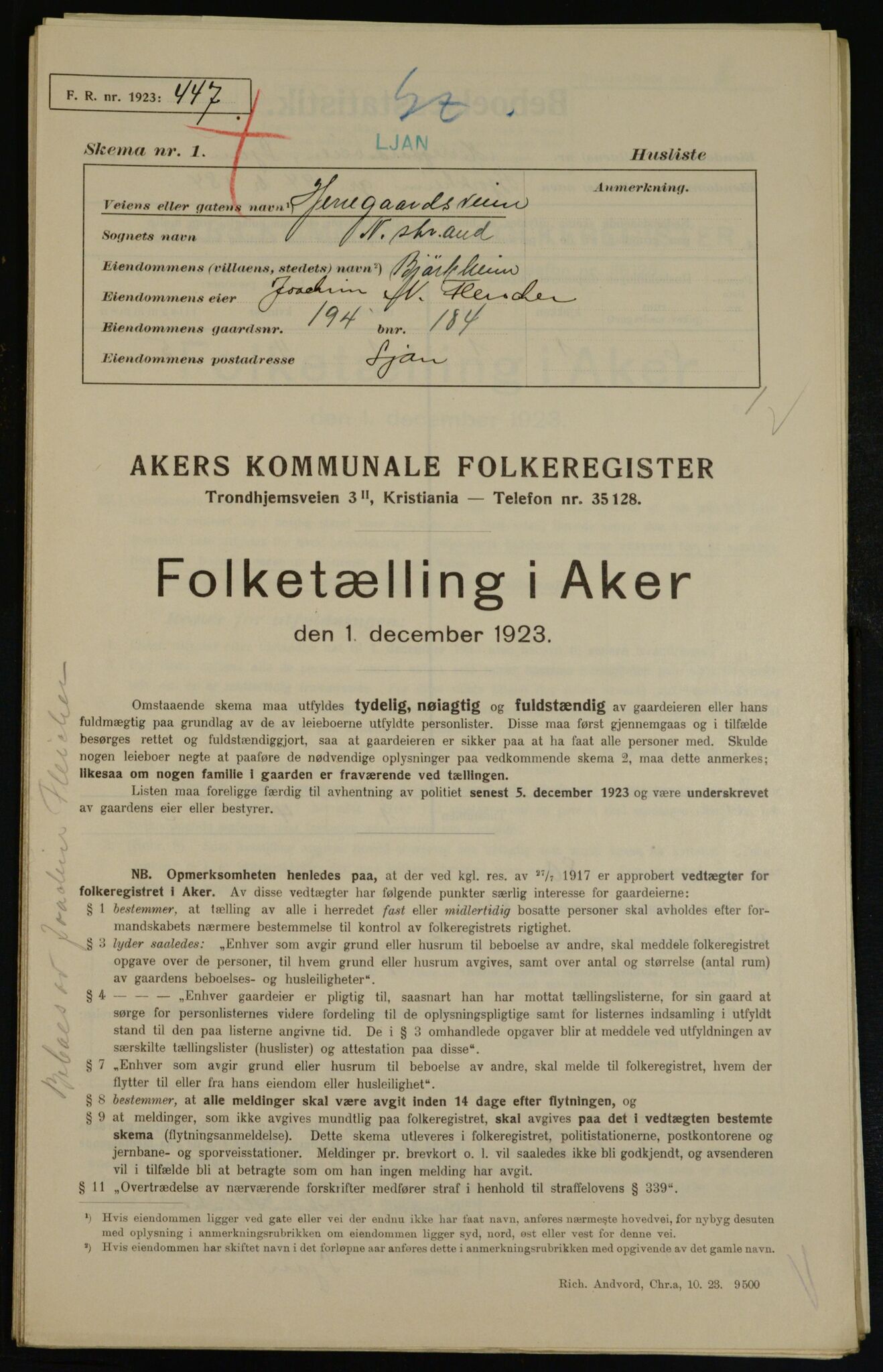 , Municipal Census 1923 for Aker, 1923, p. 39327