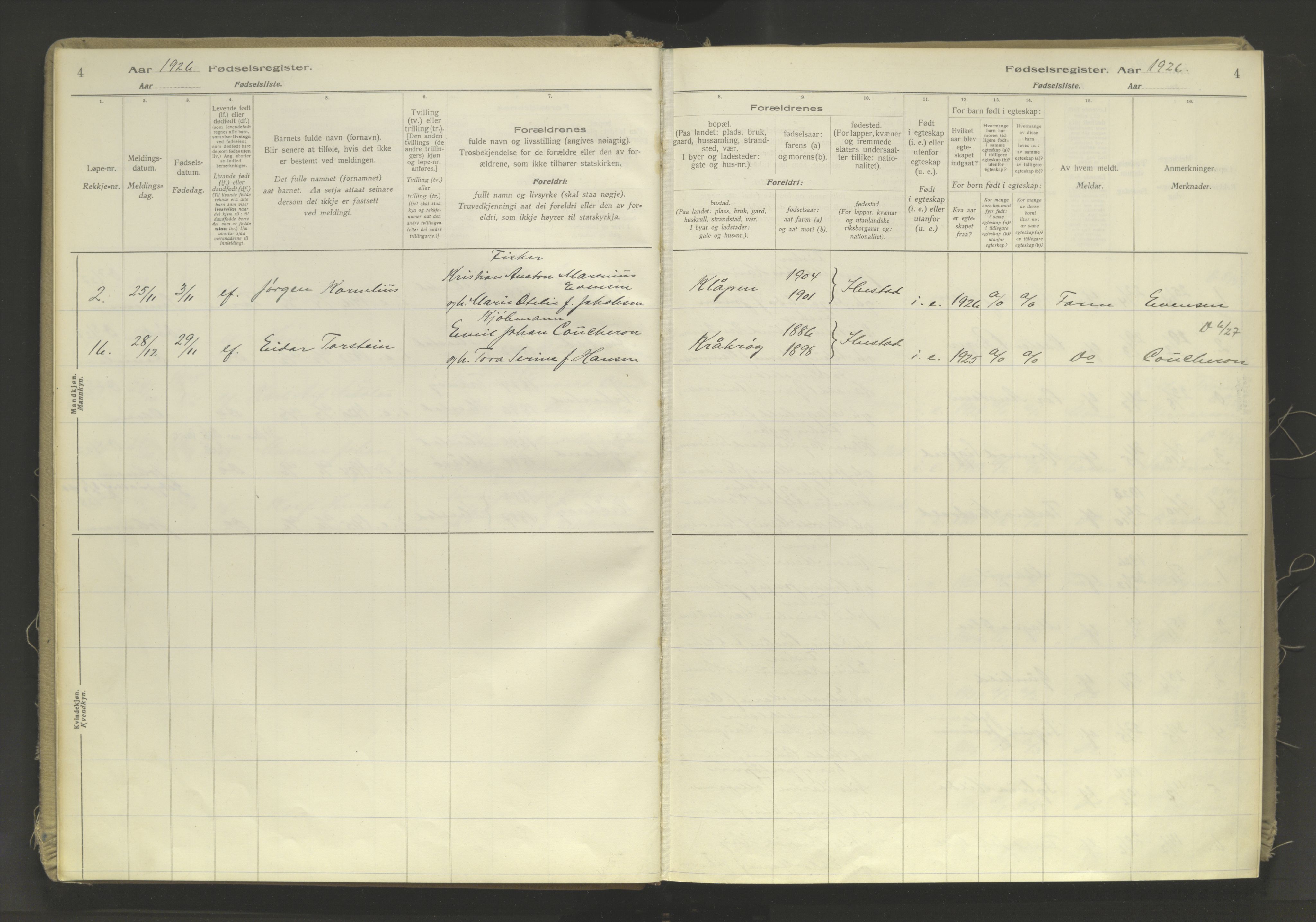 Ibestad sokneprestembete, AV/SATØ-S-0077/I/Ic/L0063: Birth register no. 63, 1926-1982, p. 4