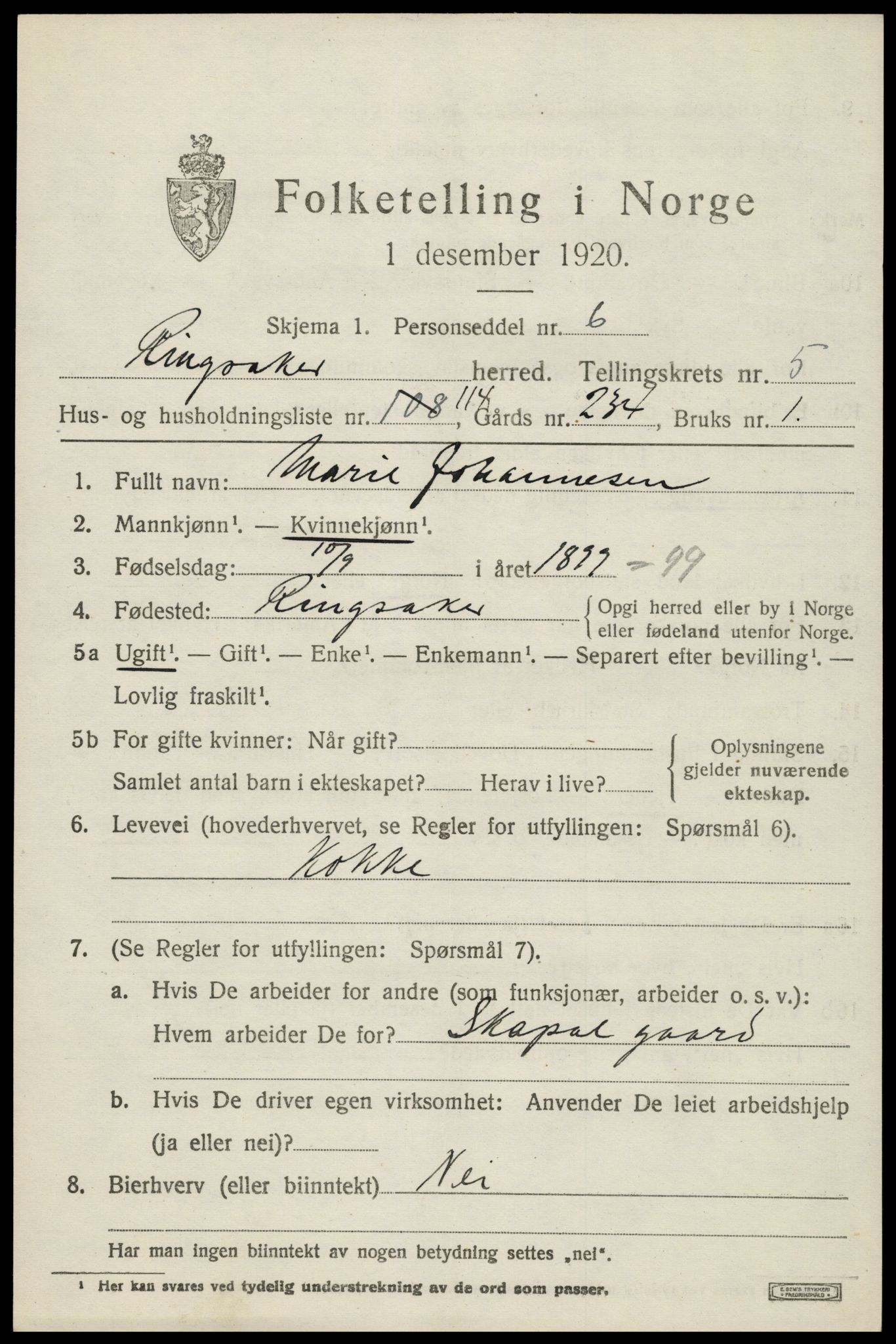 SAH, 1920 census for Ringsaker, 1920, p. 11184