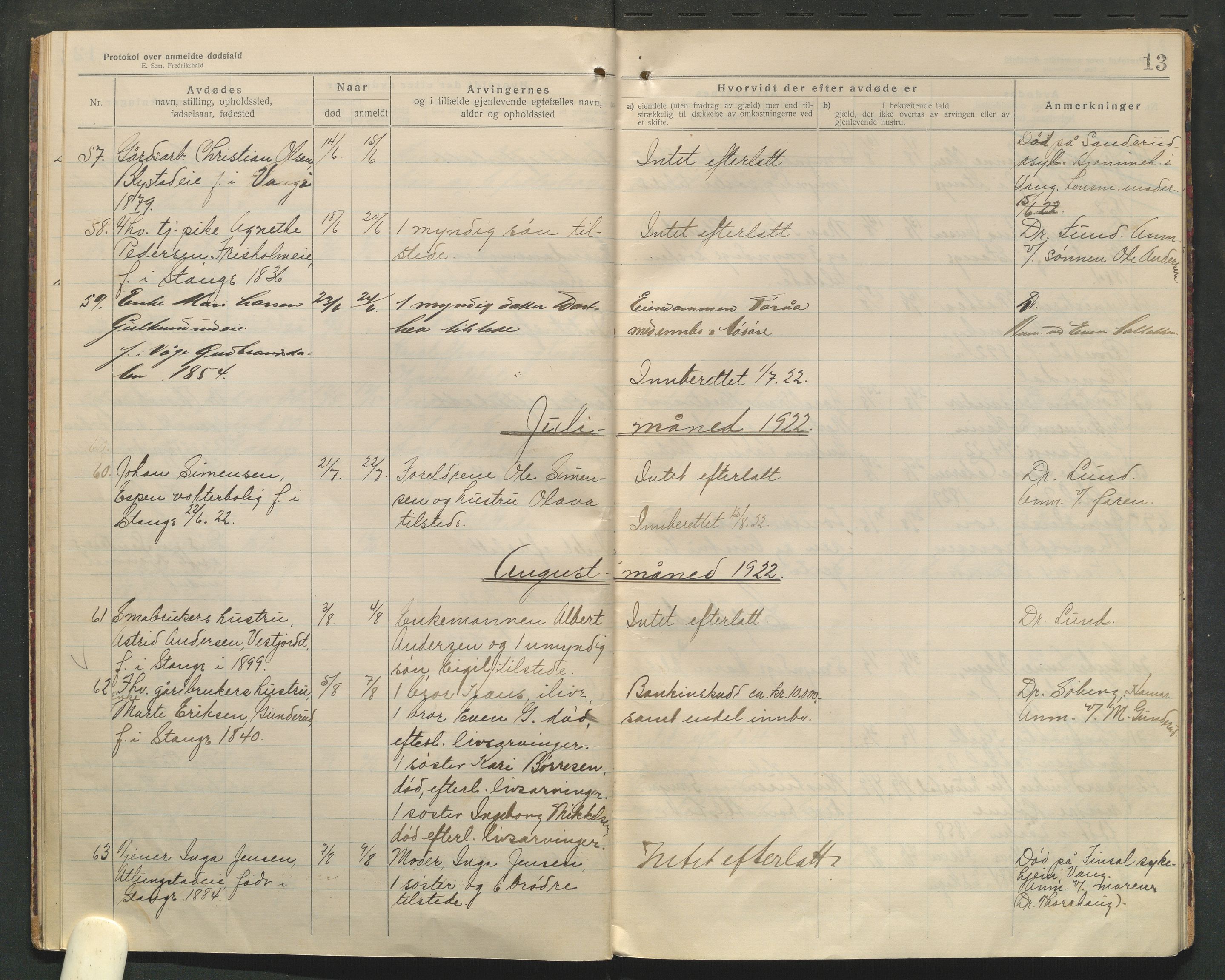 Stange lensmannskontor, AV/SAH-LHS-020/H/Ha/Haa/L0001/0004: Dødsfallsprotokoller / Dødsfallsprotokoll, 1921-1925, p. 13