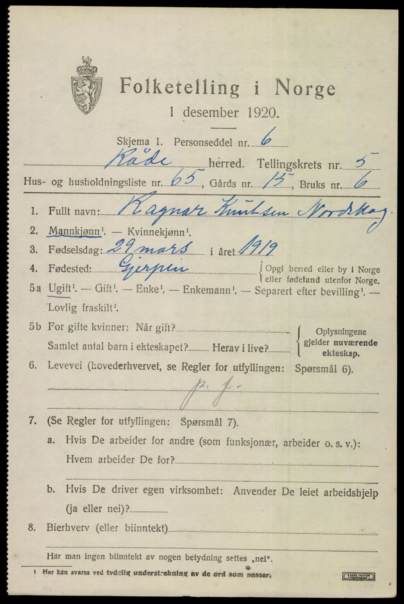 SAO, 1920 census for Råde, 1920, p. 5597