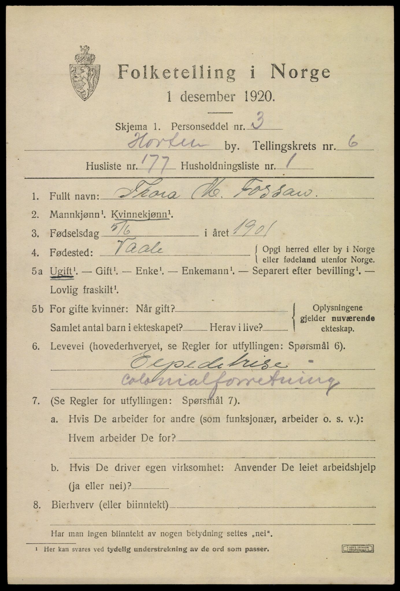 SAKO, 1920 census for Horten, 1920, p. 25413