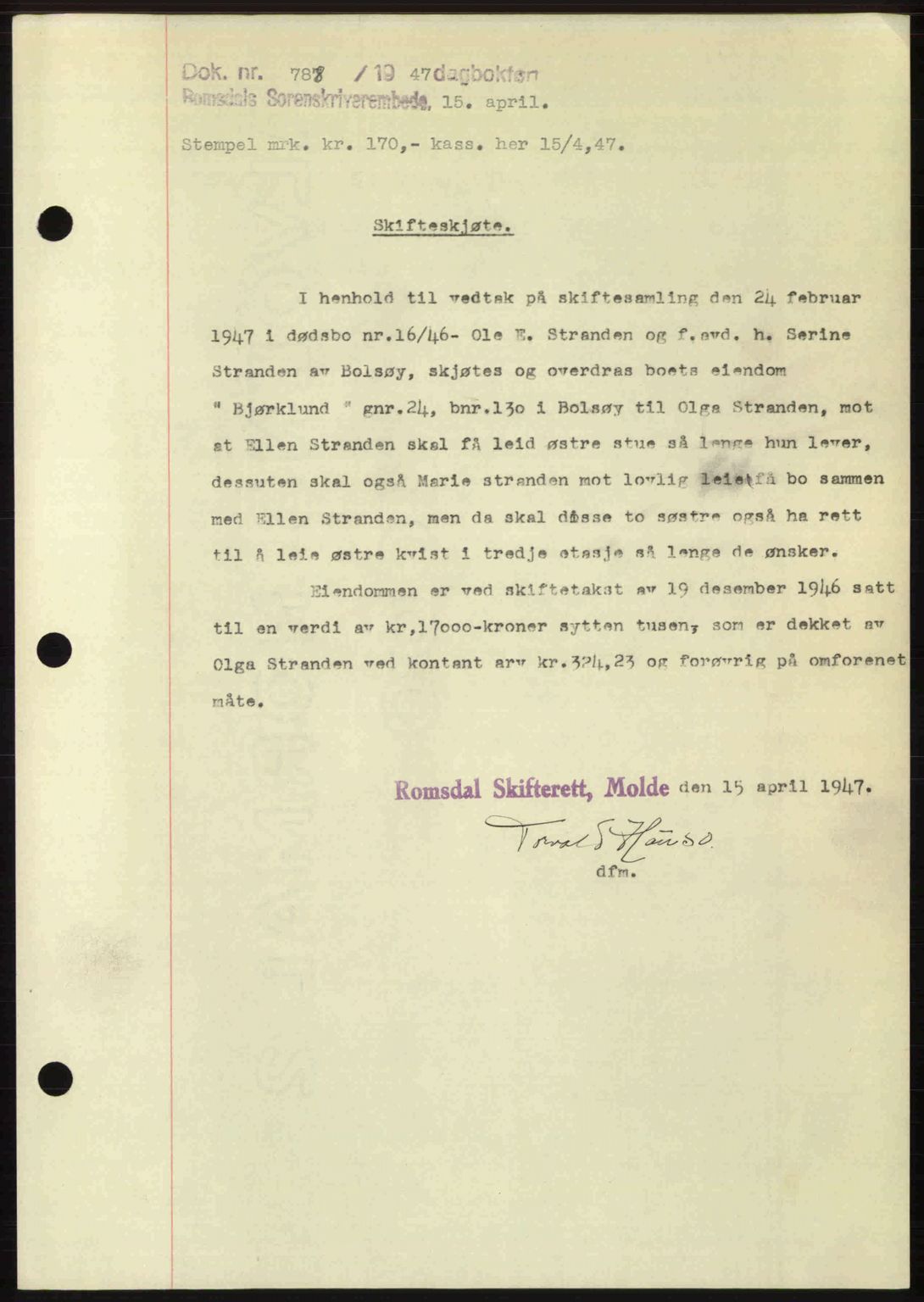 Romsdal sorenskriveri, AV/SAT-A-4149/1/2/2C: Mortgage book no. A22, 1947-1947, Diary no: : 788/1947