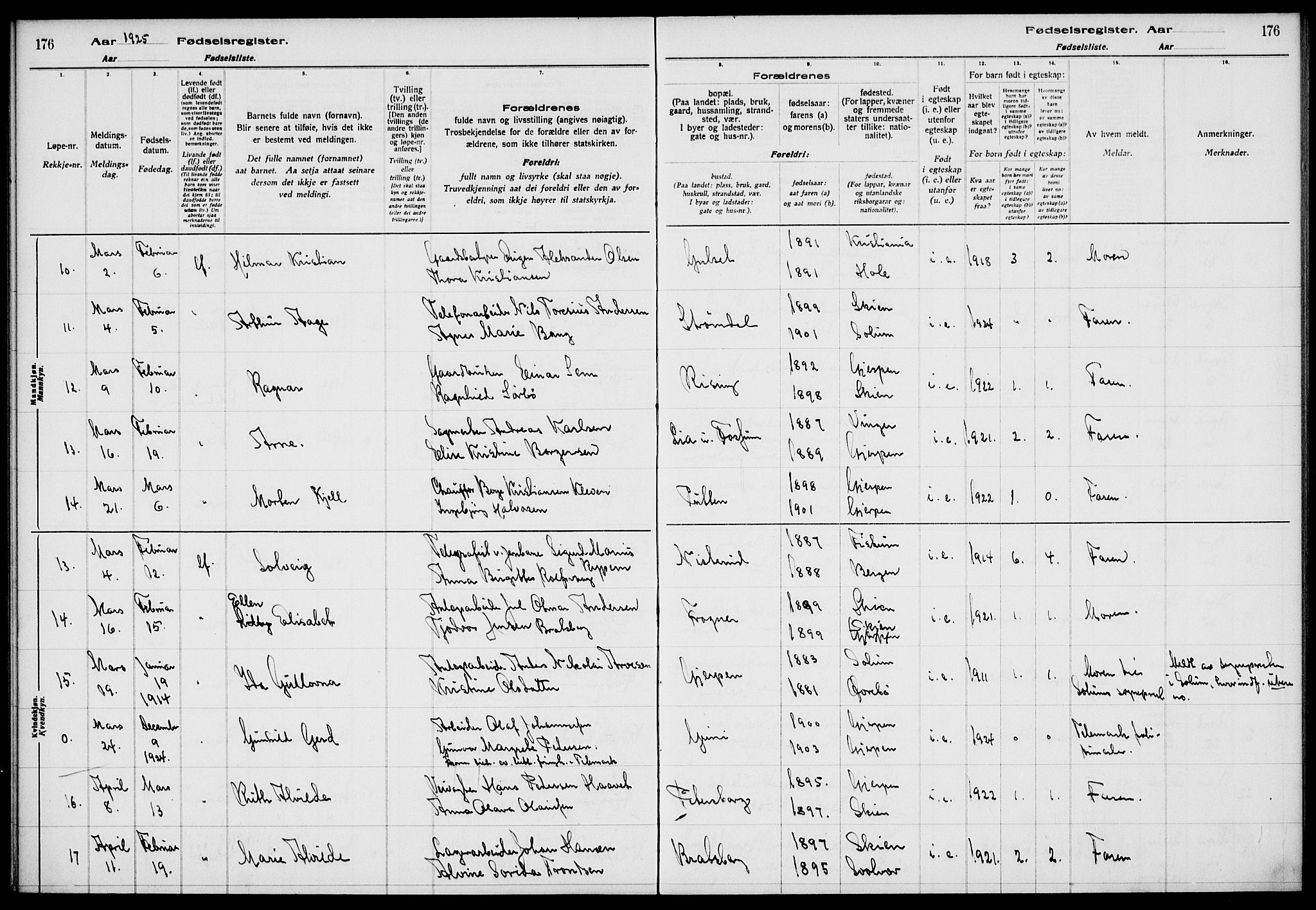 Gjerpen kirkebøker, AV/SAKO-A-265/J/Ja/L0001: Birth register no. I 1, 1916-1926, p. 176