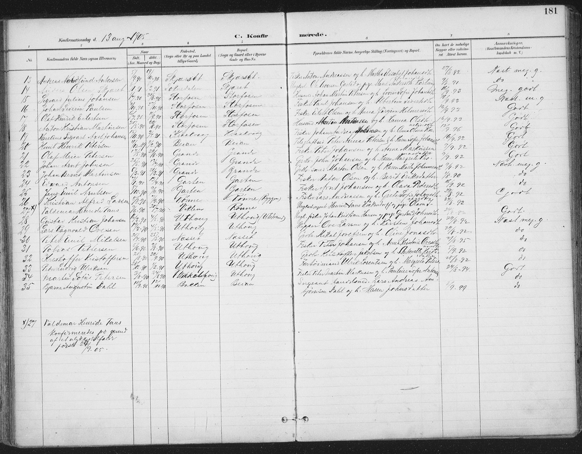 Ministerialprotokoller, klokkerbøker og fødselsregistre - Sør-Trøndelag, SAT/A-1456/659/L0743: Parish register (official) no. 659A13, 1893-1910, p. 181