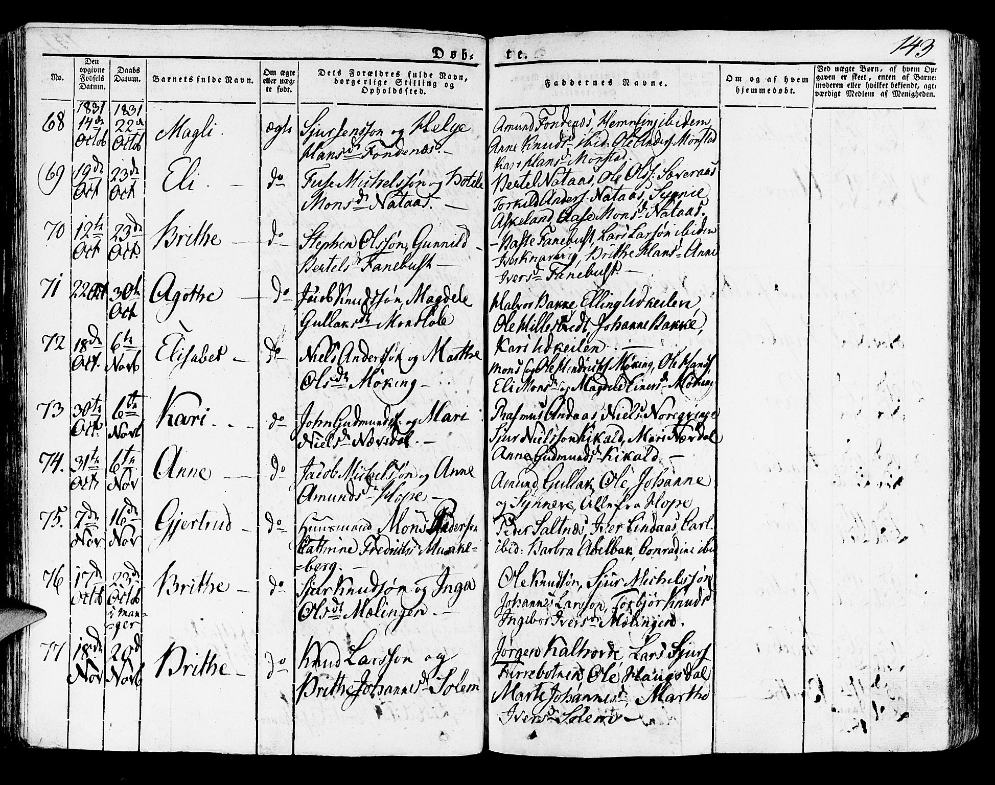 Lindås Sokneprestembete, AV/SAB-A-76701/H/Haa/Haaa/L0008: Parish register (official) no. A 8, 1823-1836, p. 143