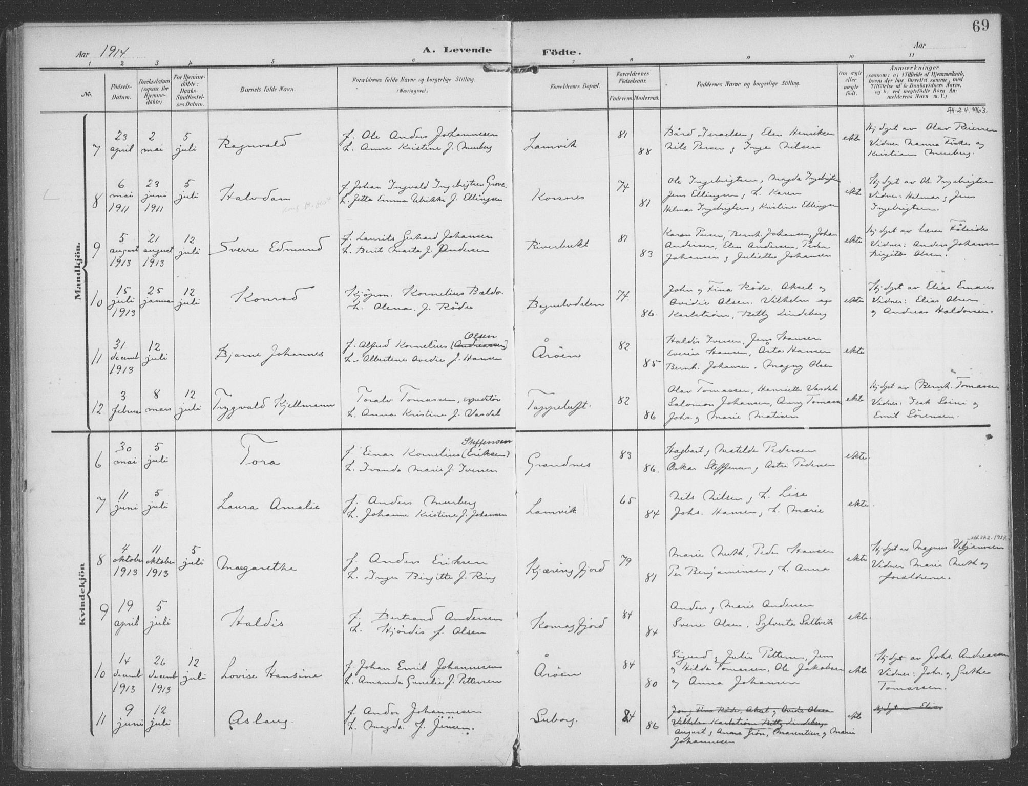 Talvik sokneprestkontor, AV/SATØ-S-1337/H/Ha/L0017kirke: Parish register (official) no. 17, 1906-1915, p. 69