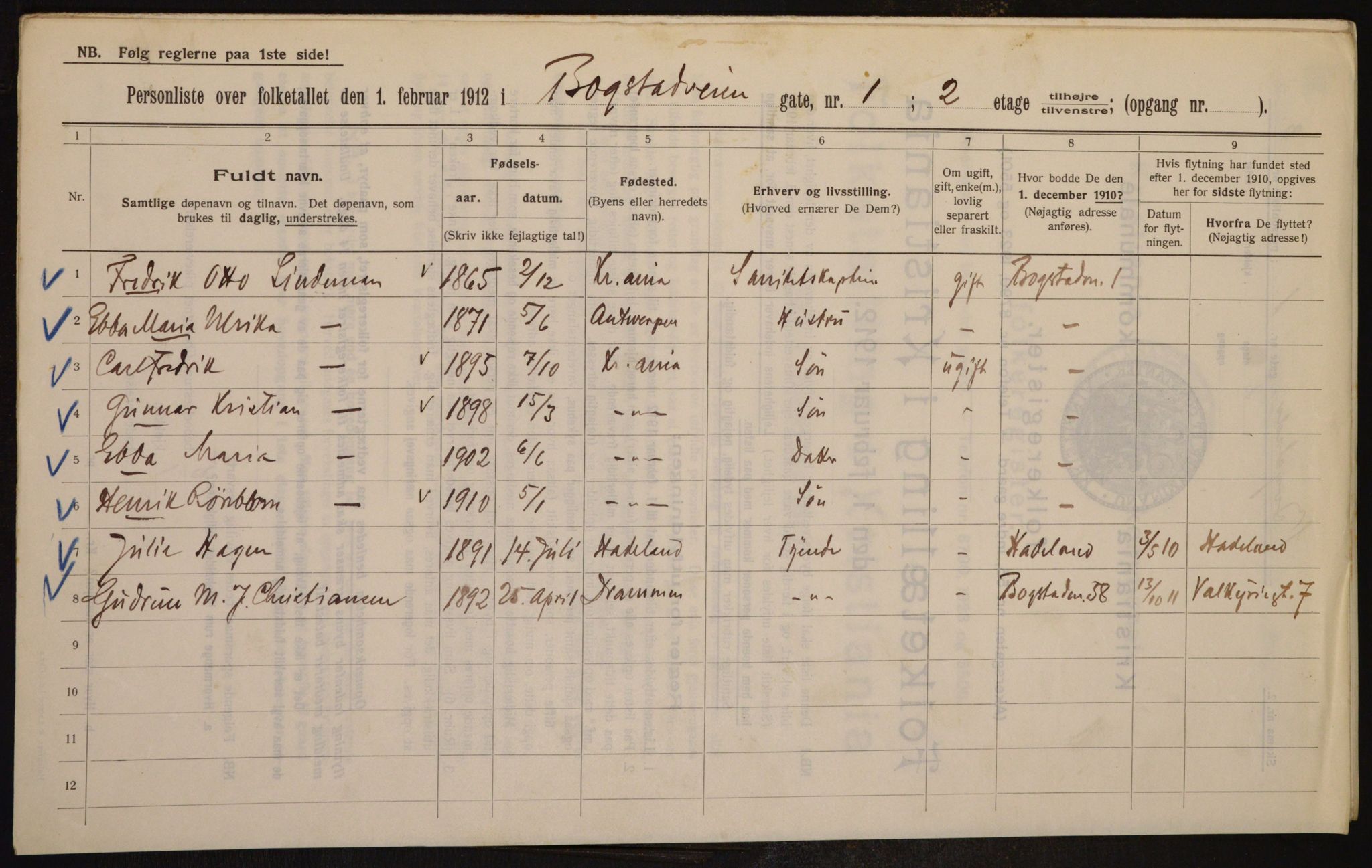 OBA, Municipal Census 1912 for Kristiania, 1912, p. 6654