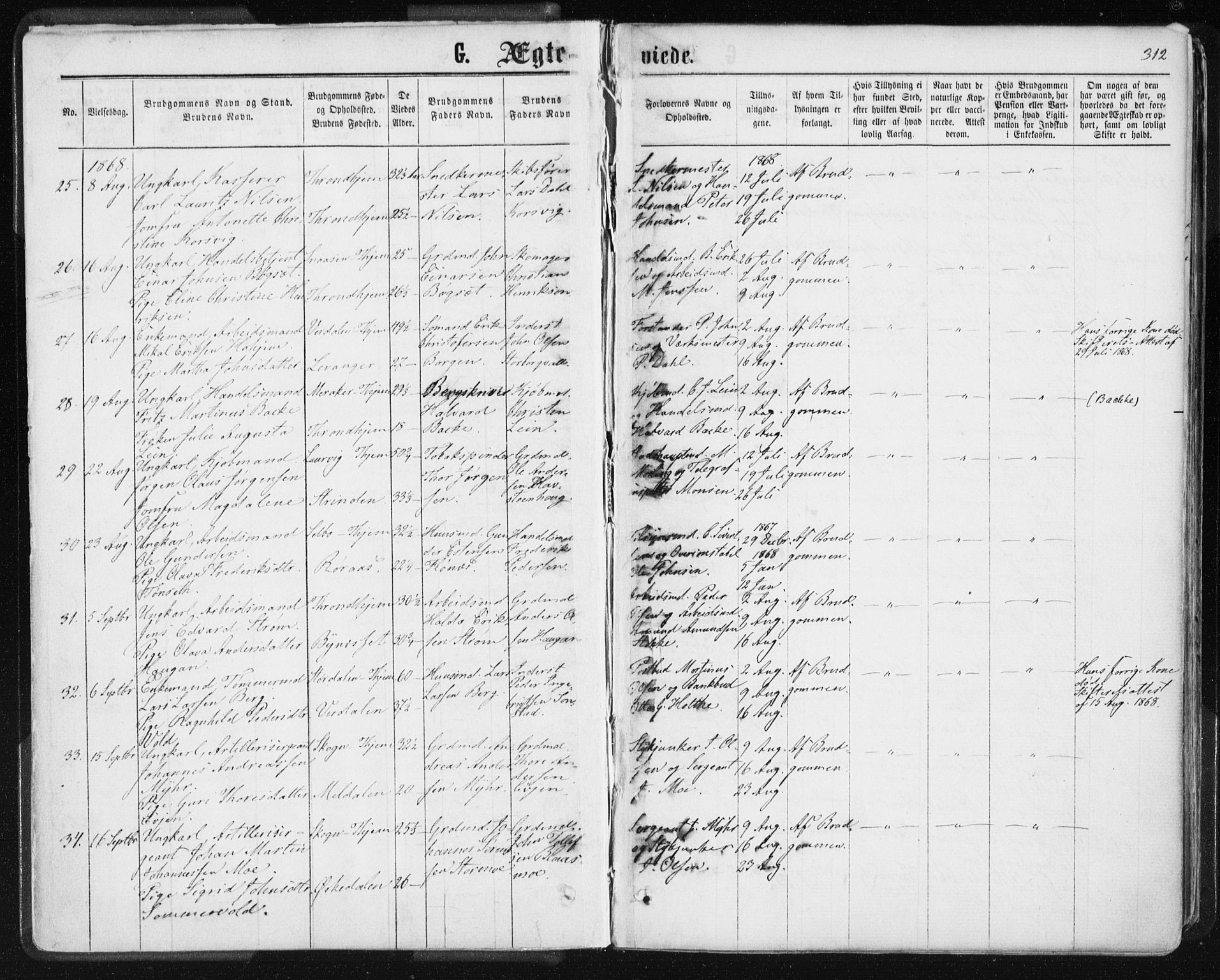 Ministerialprotokoller, klokkerbøker og fødselsregistre - Sør-Trøndelag, SAT/A-1456/601/L0055: Parish register (official) no. 601A23, 1866-1877, p. 312