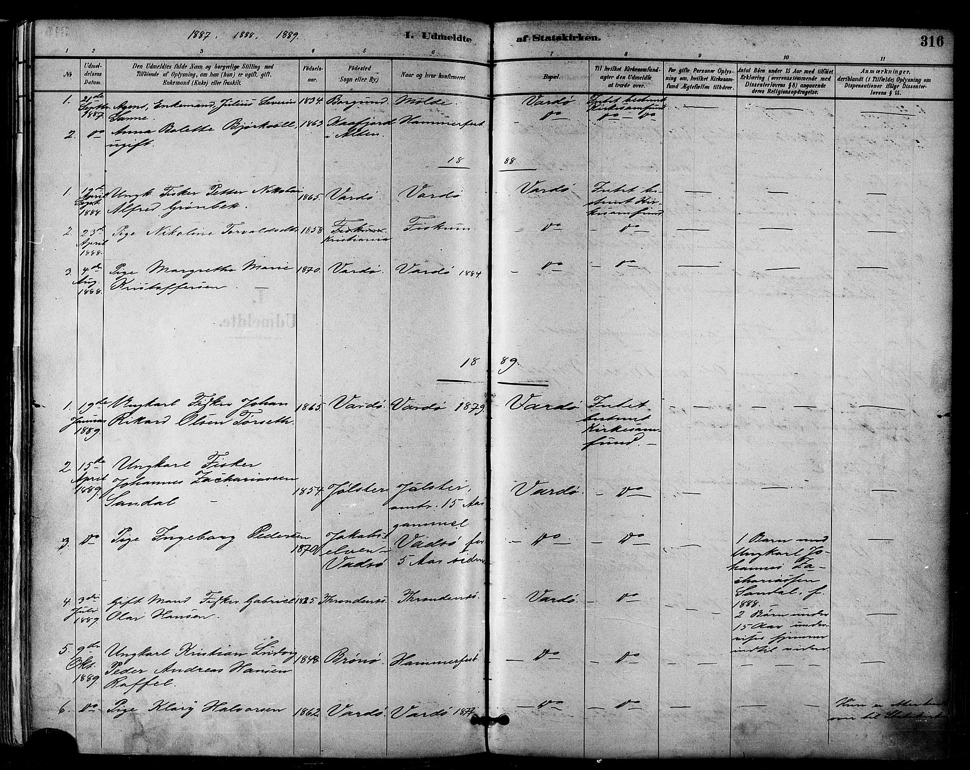 Vardø sokneprestkontor, AV/SATØ-S-1332/H/Ha/L0007kirke: Parish register (official) no. 7, 1886-1897, p. 316