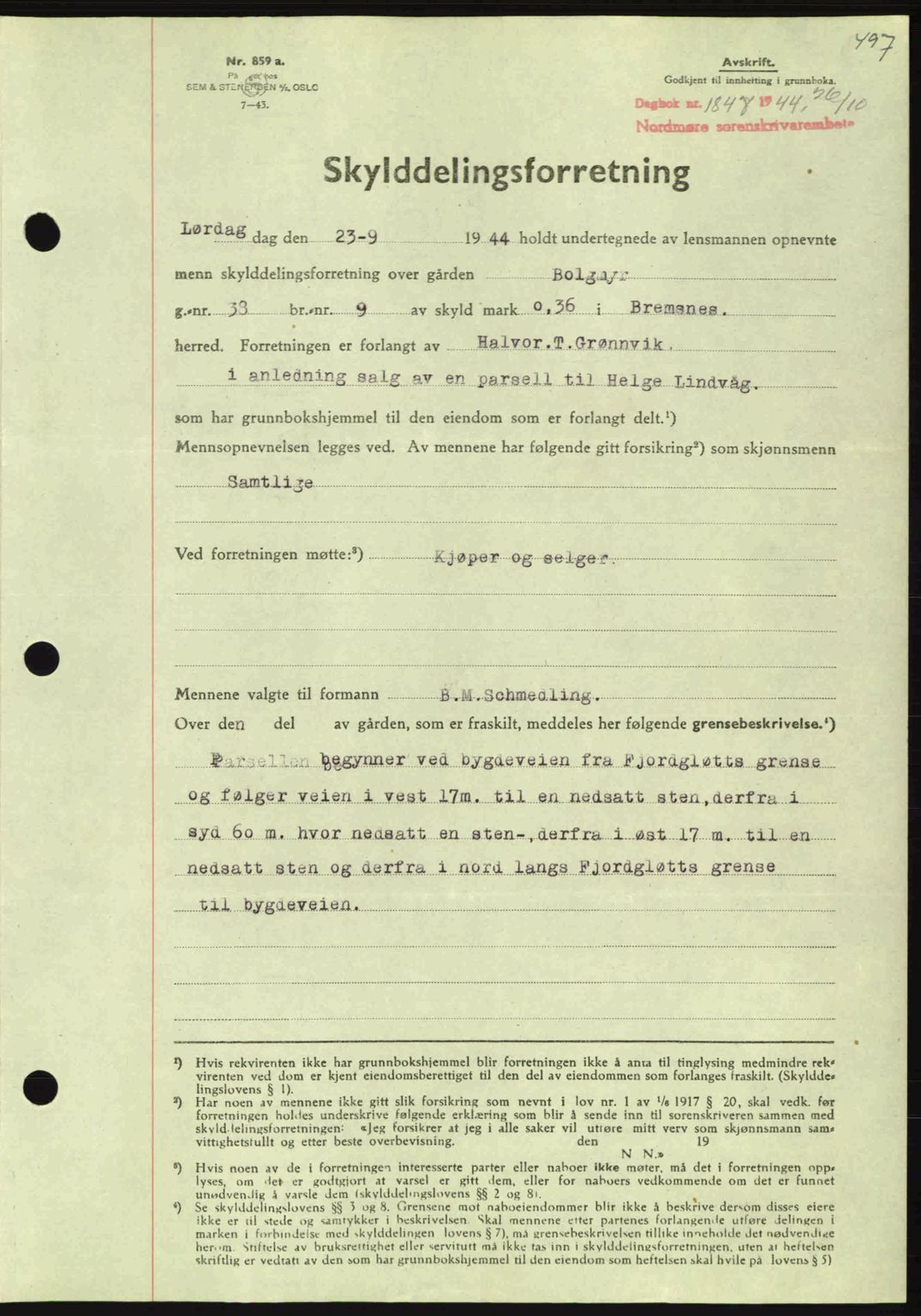 Nordmøre sorenskriveri, AV/SAT-A-4132/1/2/2Ca: Mortgage book no. A98, 1944-1944, Diary no: : 1847/1944