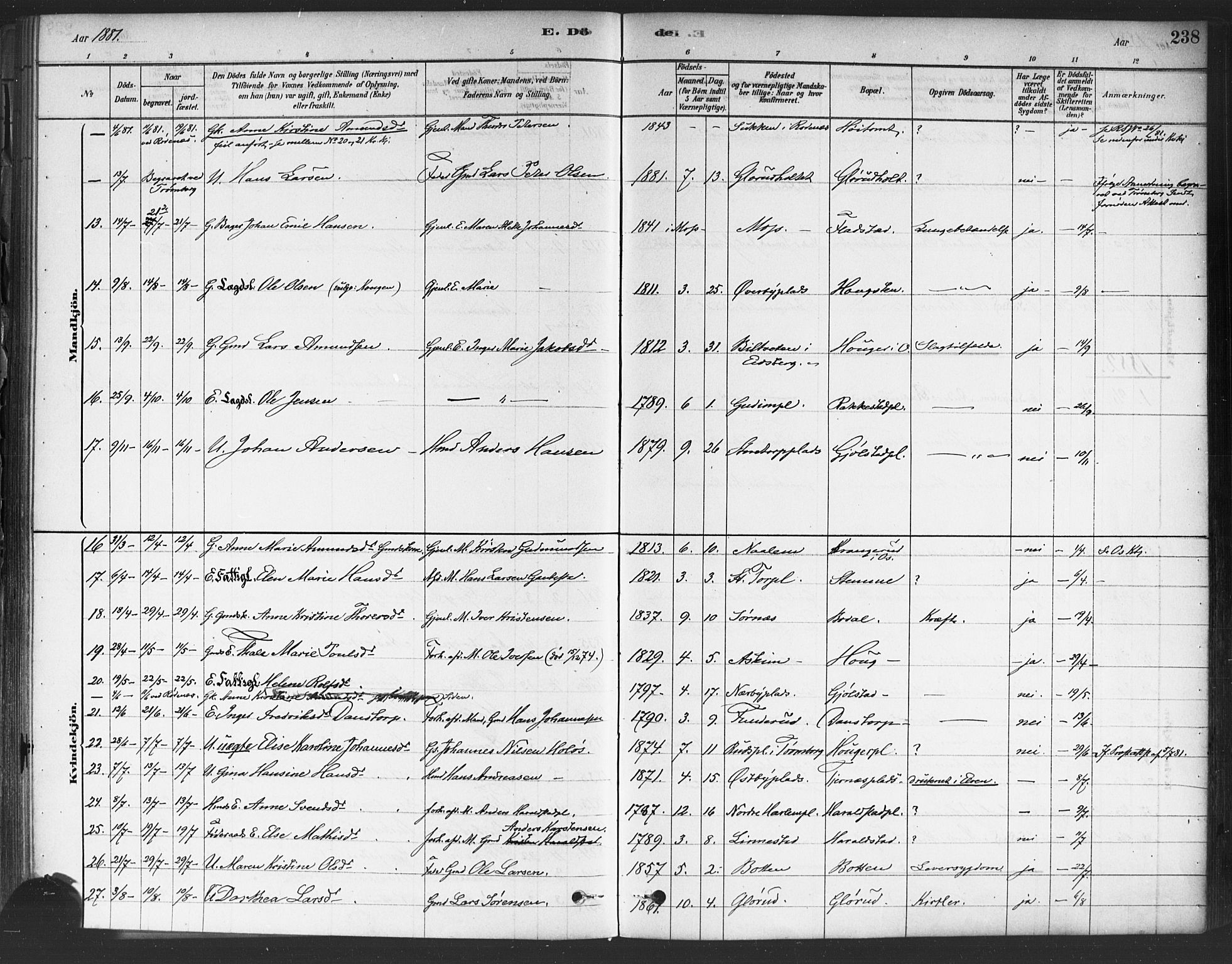 Rakkestad prestekontor Kirkebøker, SAO/A-2008/F/Fa/L0012: Parish register (official) no. I 12, 1878-1893, p. 238