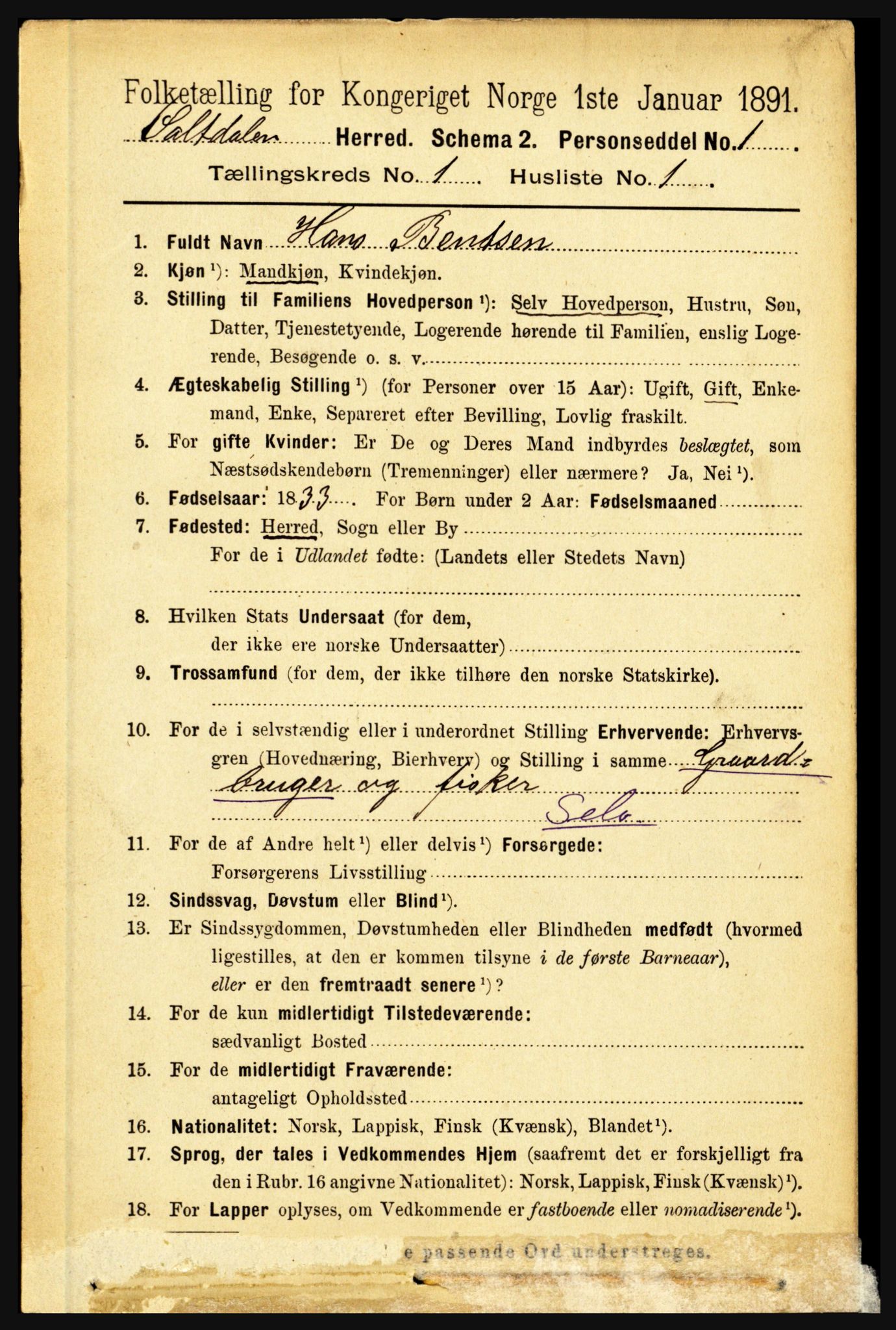 RA, 1891 census for 1840 Saltdal, 1891, p. 88