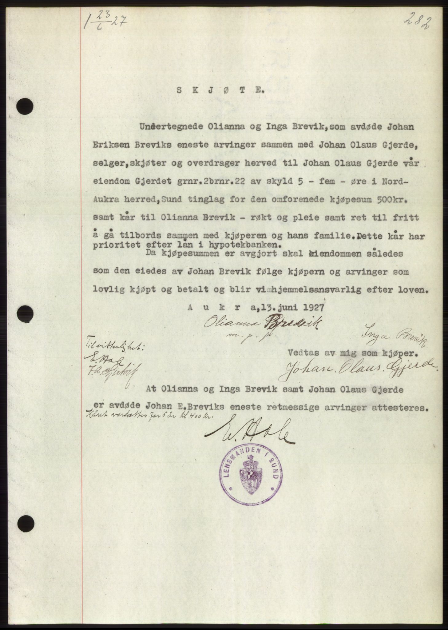 Romsdal sorenskriveri, AV/SAT-A-4149/1/2/2C/L0052: Mortgage book no. 46, 1927-1927, Deed date: 23.06.1927