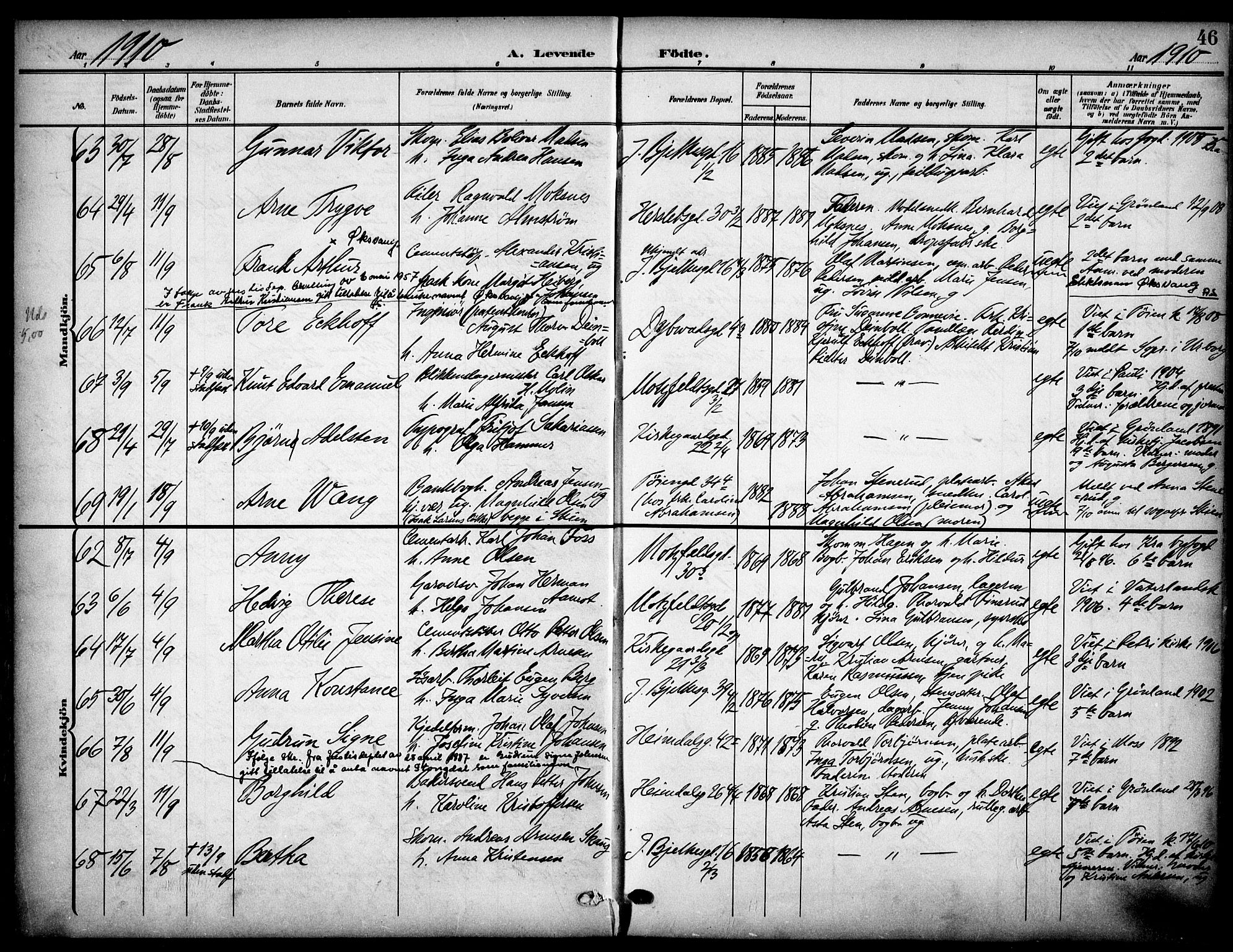 Tøyen prestekontor Kirkebøker, AV/SAO-A-10167a/F/Fa/L0001: Parish register (official) no. I 1, 1907-1916, p. 46