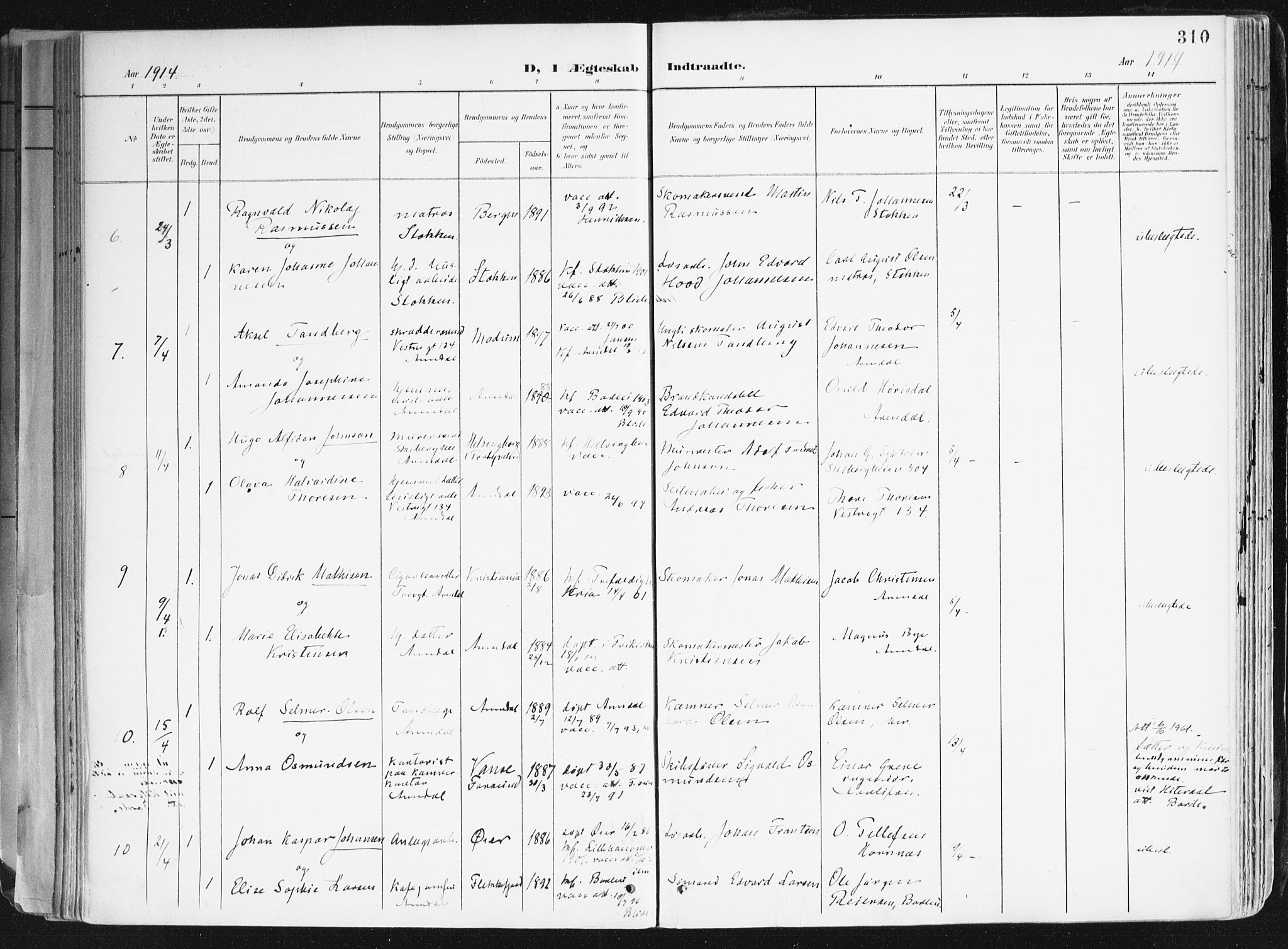 Arendal sokneprestkontor, Trefoldighet, AV/SAK-1111-0040/F/Fa/L0010: Parish register (official) no. A 10, 1900-1919, p. 310