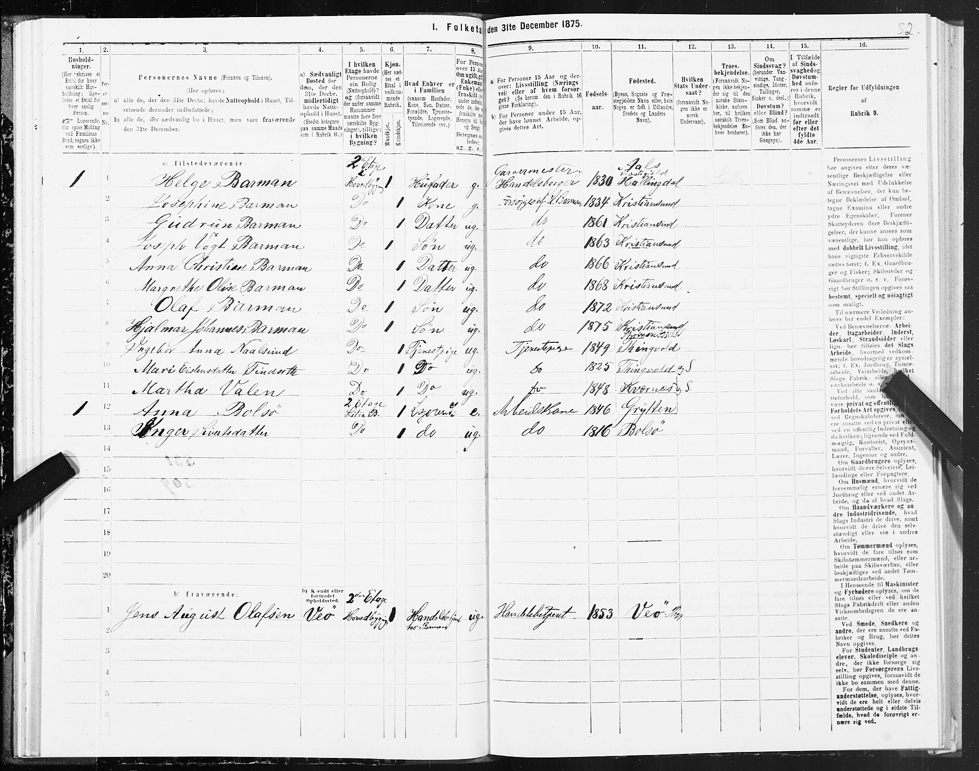 SAT, 1875 census for 1503B Kristiansund/Kristiansund, 1875, p. 3052