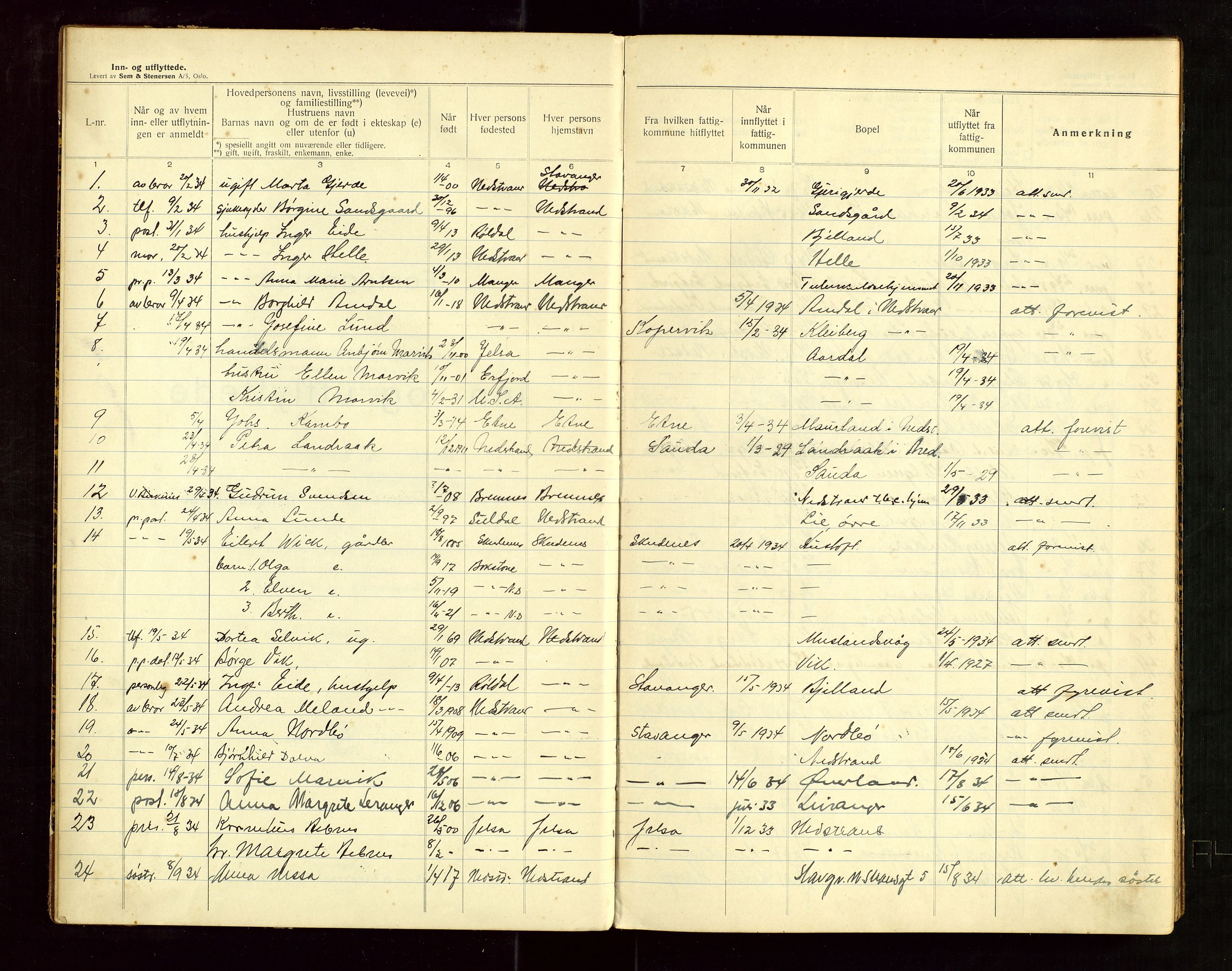 Nedstrand lensmannskontor, SAST/A-100236/Gwa/L0003: "Flytteregister for Nedstrand herad", 1934-1943, p. 3