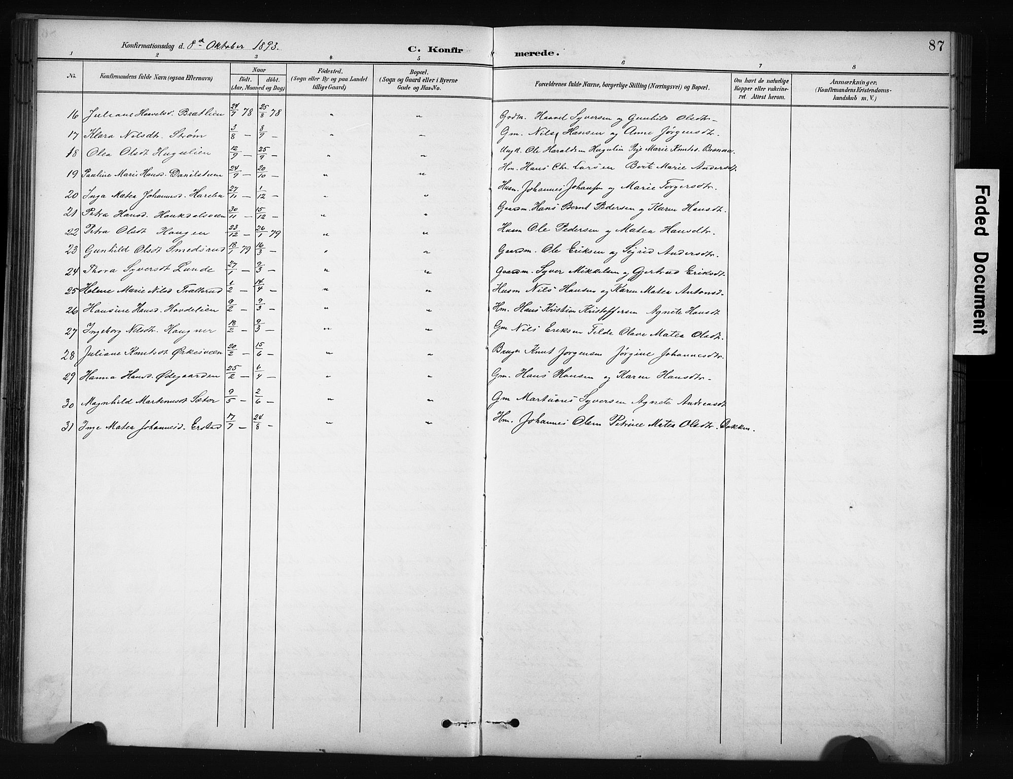 Nordre Land prestekontor, SAH/PREST-124/H/Ha/Hab/L0012: Parish register (copy) no. 12, 1891-1909, p. 87