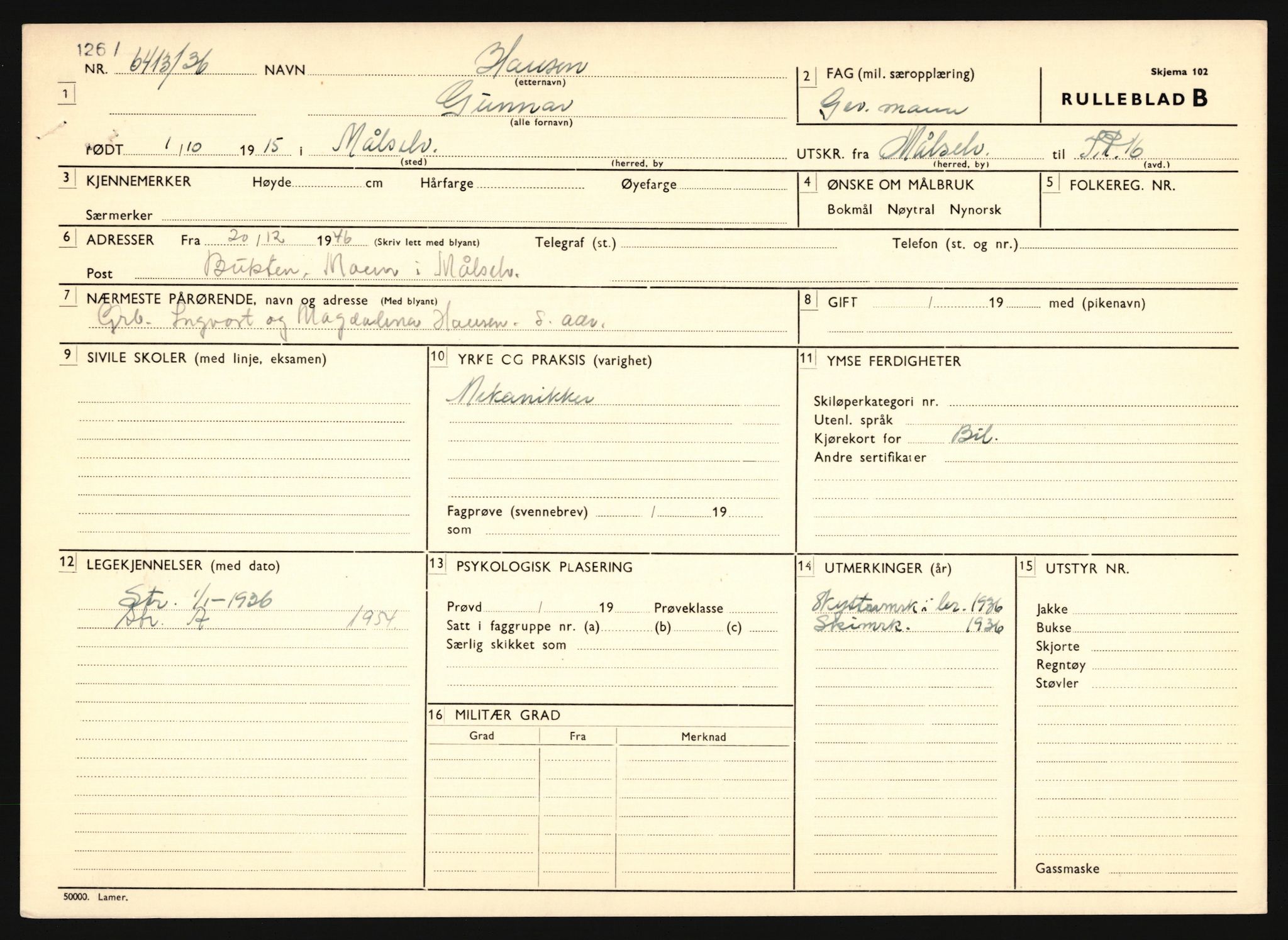 Forsvaret, Troms infanteriregiment nr. 16, AV/RA-RAFA-3146/P/Pa/L0020: Rulleblad for regimentets menige mannskaper, årsklasse 1936, 1936, p. 321