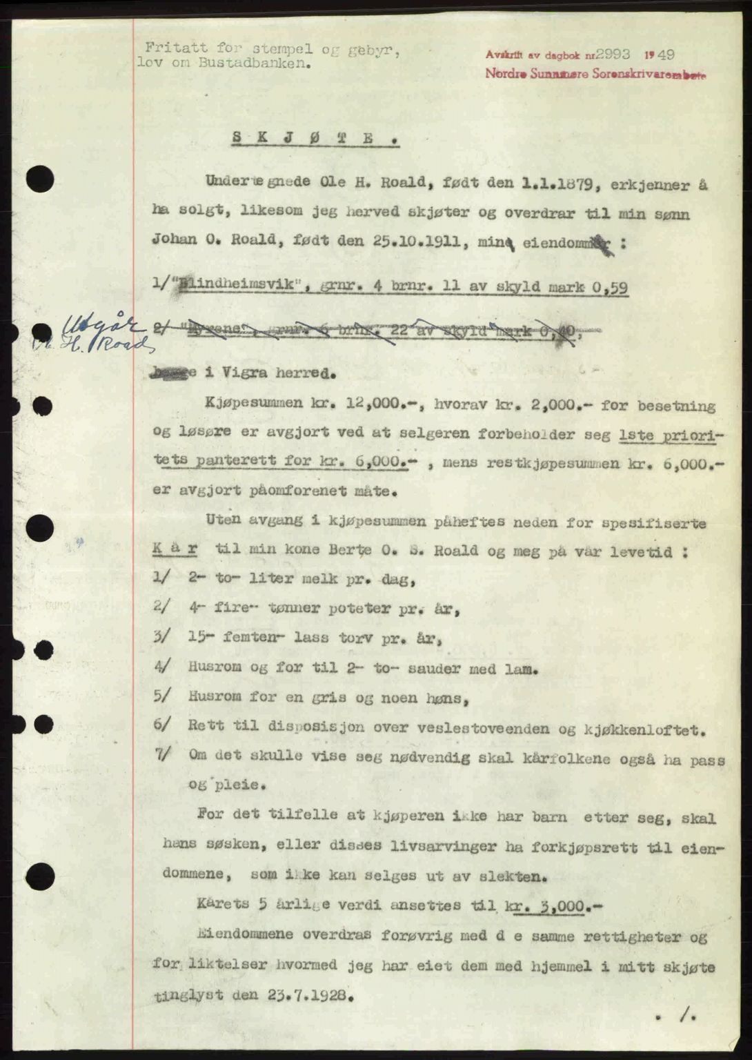 Nordre Sunnmøre sorenskriveri, AV/SAT-A-0006/1/2/2C/2Ca: Mortgage book no. A33, 1949-1950, Diary no: : 2993/1949