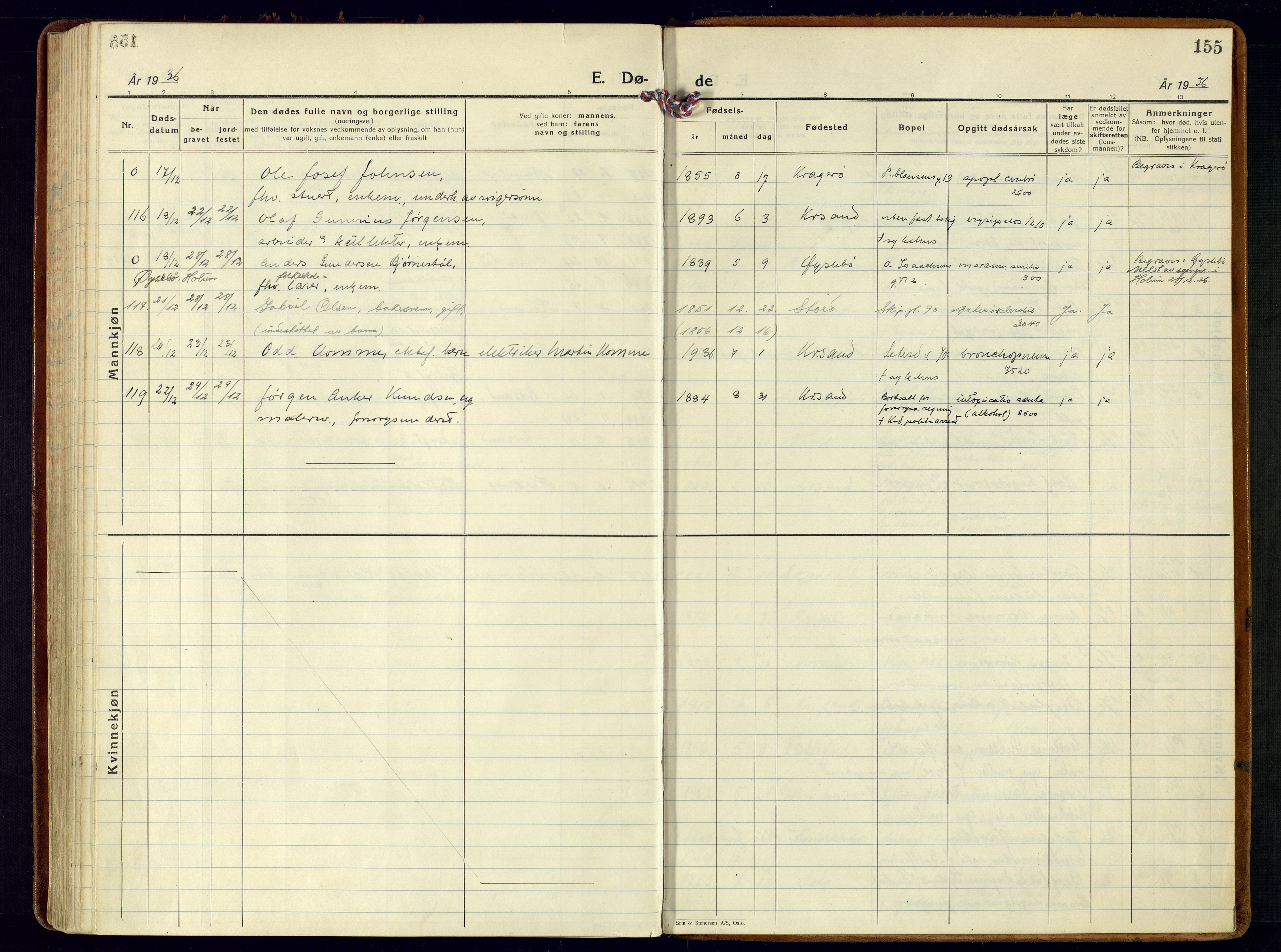 Kristiansand domprosti, AV/SAK-1112-0006/F/Fa/L0030: Parish register (official) no. A 29, 1926-1937, p. 155