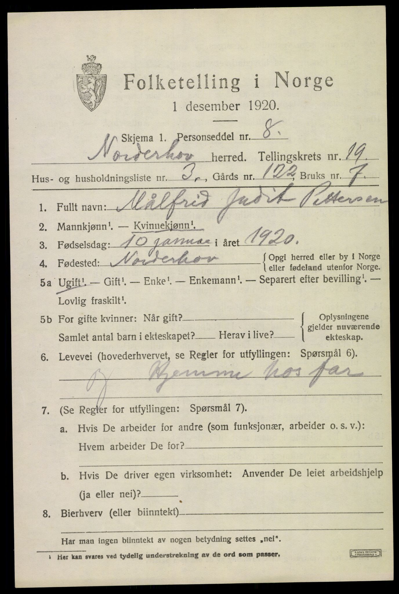 SAKO, 1920 census for Norderhov, 1920, p. 20340