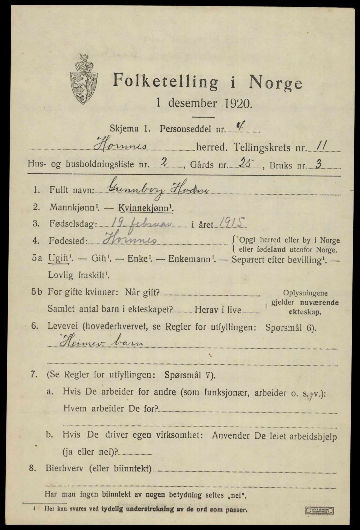 SAK, 1920 census for Hornnes, 1920, p. 2651