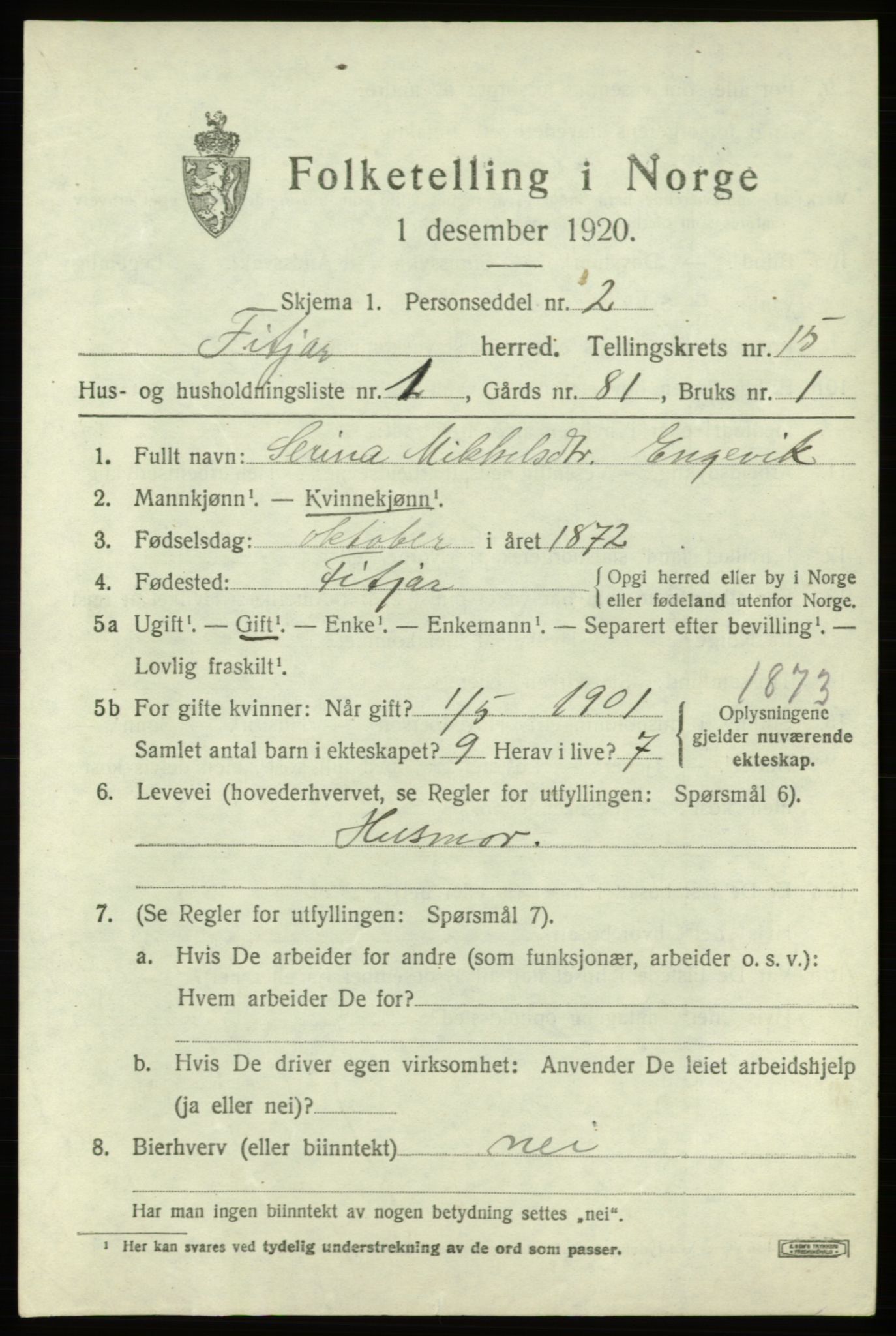 SAB, 1920 census for Fitjar, 1920, p. 6142