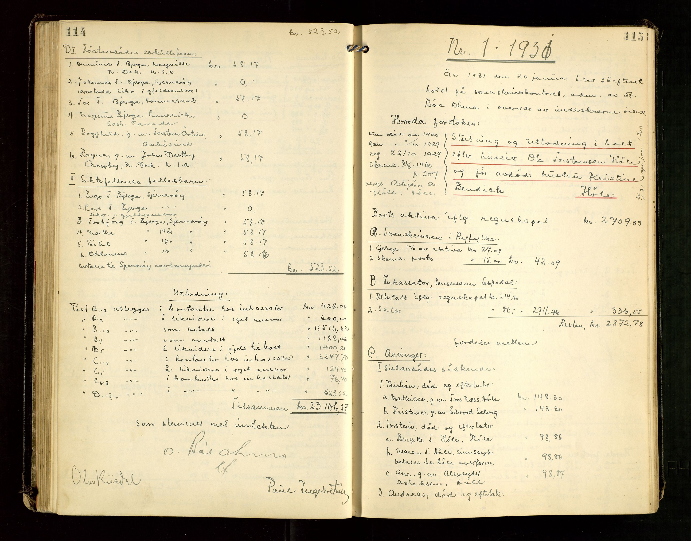 Ryfylke tingrett, AV/SAST-A-100055/001/IV/IVG/L0007: Skifteutlodningsprotokoll Med register, 1929-1933, p. 114-115
