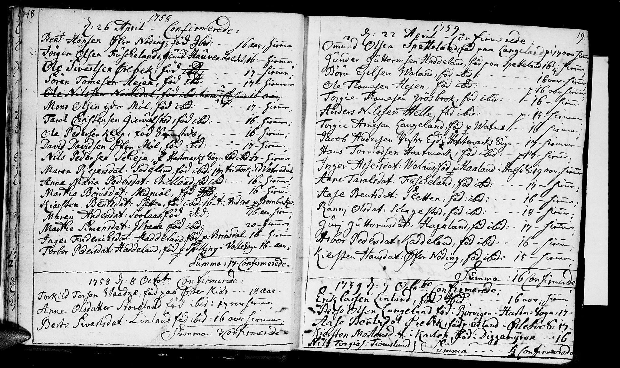 Holum sokneprestkontor, SAK/1111-0022/F/Fa/Faa/L0002: Parish register (official) no. A 2, 1756-1780, p. 18-19