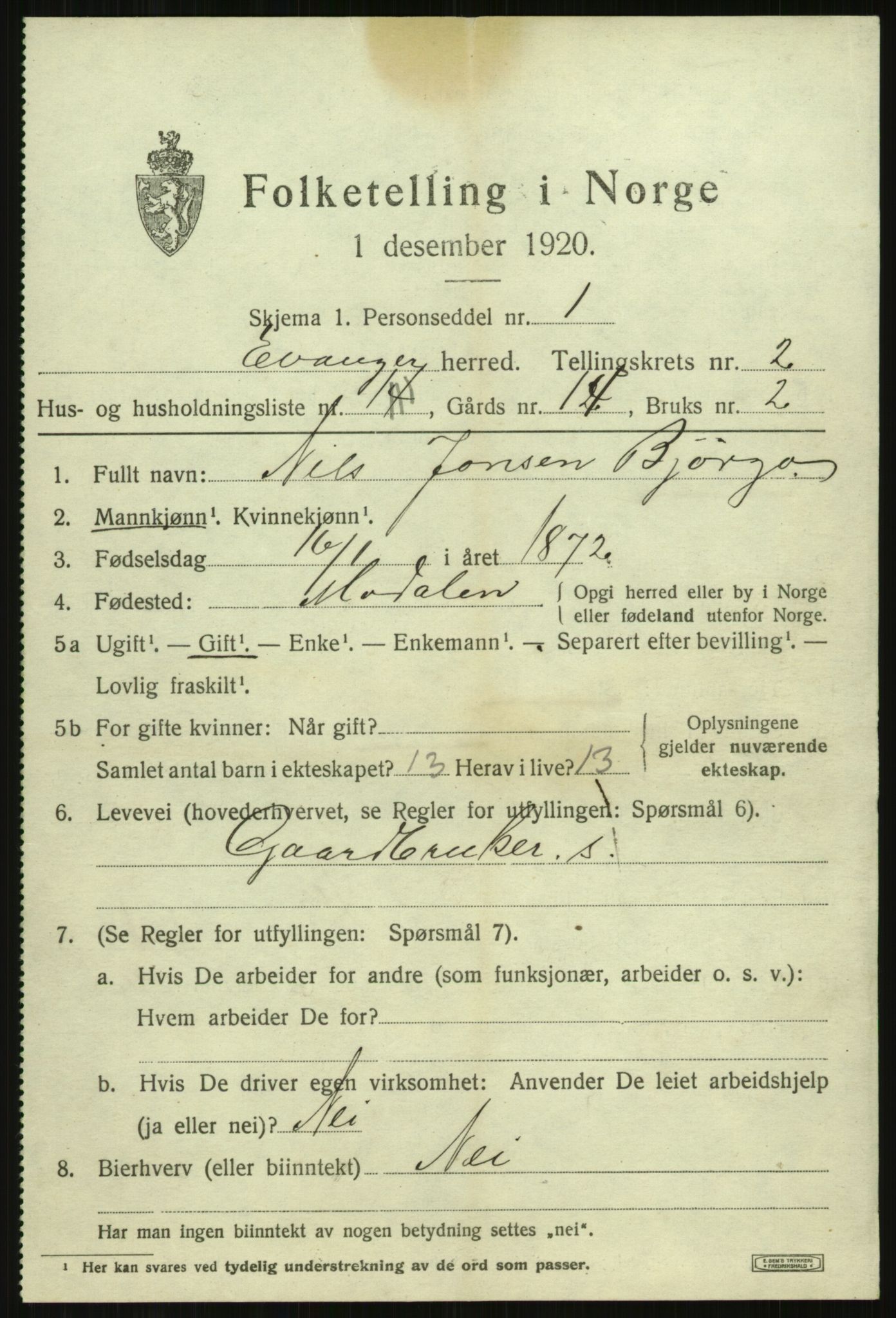 SAB, 1920 census for Evanger, 1920, p. 945