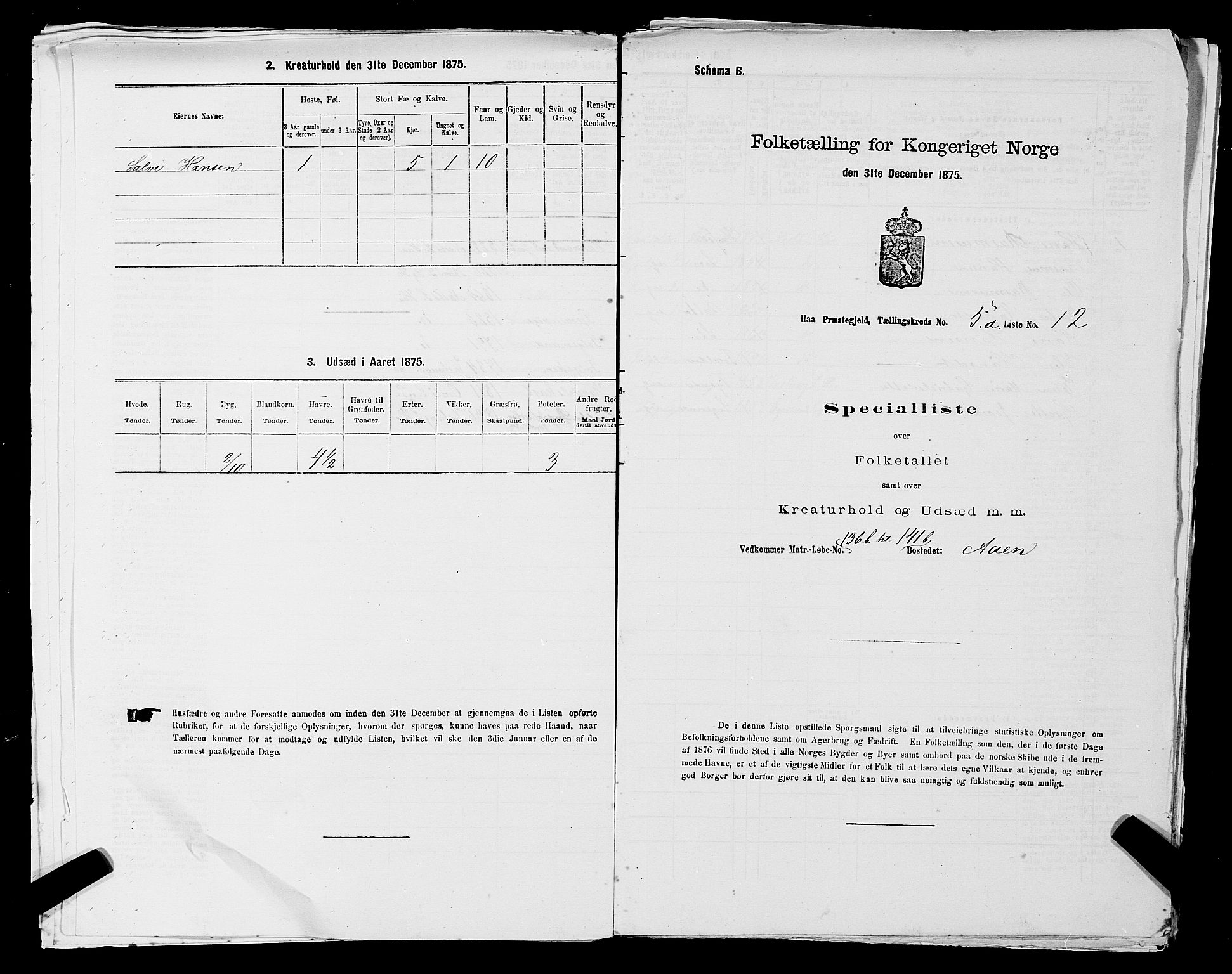 SAST, 1875 census for 1119P Hå, 1875, p. 579