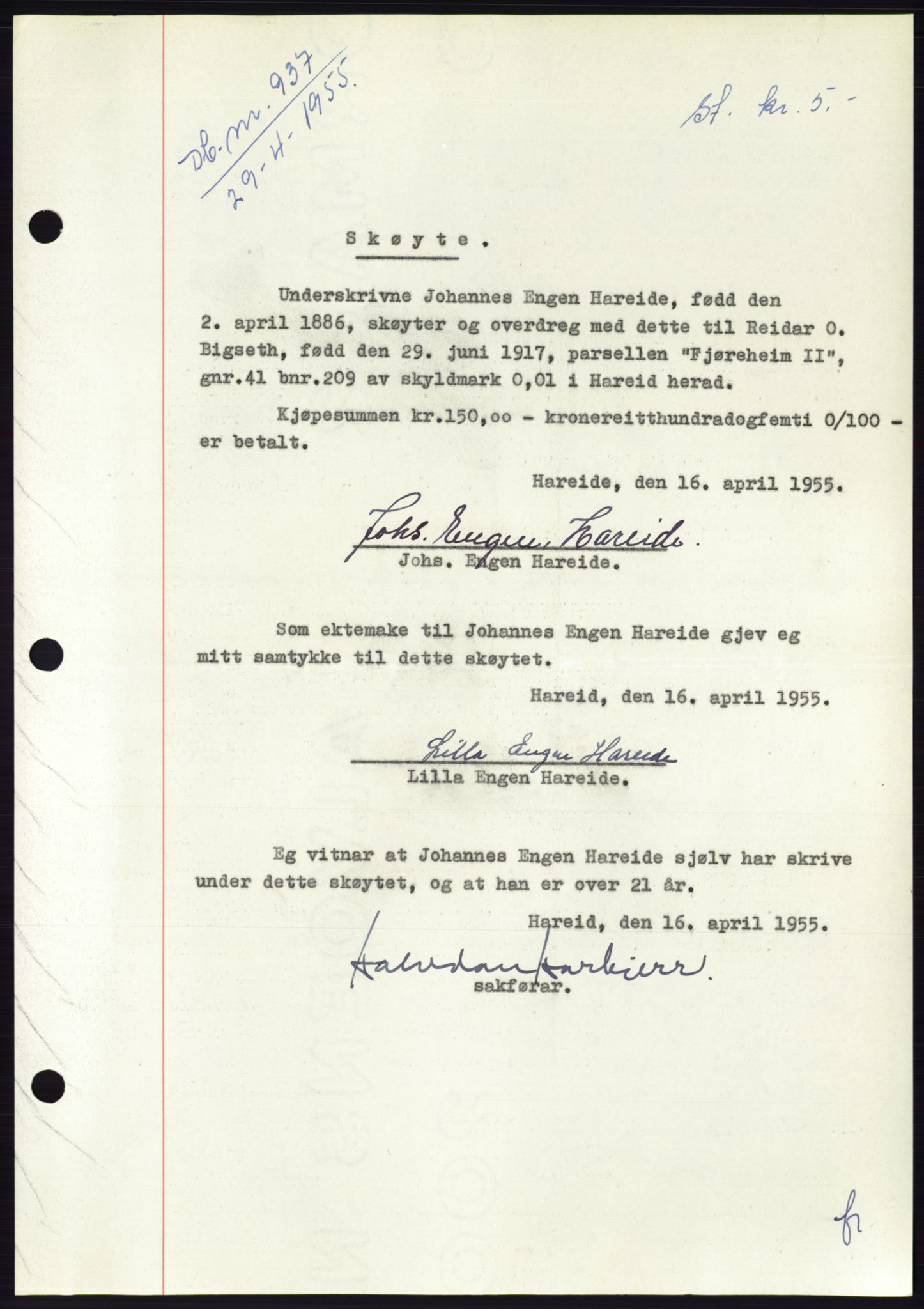 Søre Sunnmøre sorenskriveri, AV/SAT-A-4122/1/2/2C/L0100: Mortgage book no. 26A, 1954-1955, Diary no: : 937/1955